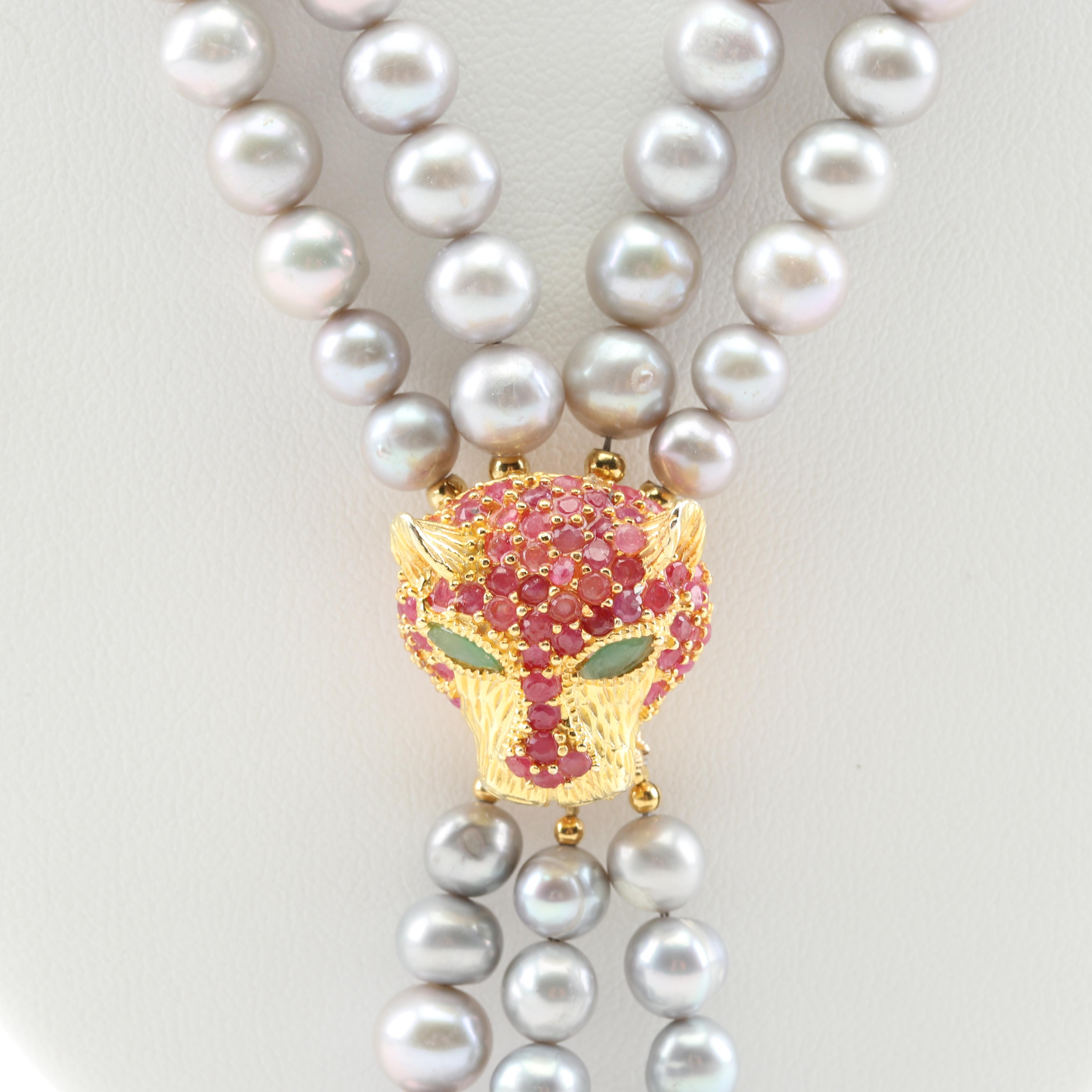 Sterling Silver Freshwater Pearl, 3.88 CTW Ruby and Emerald Necklace