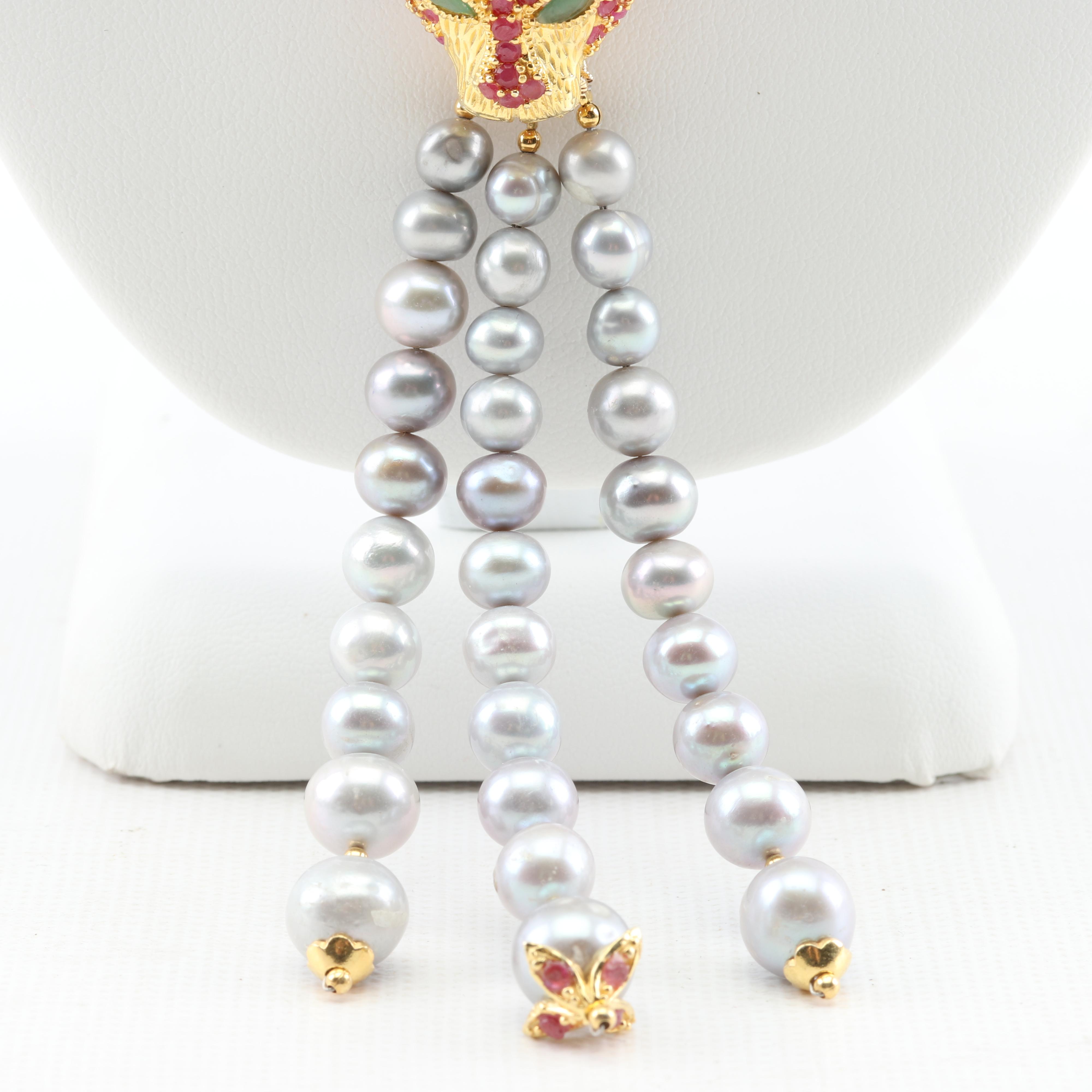 Sterling Silver Freshwater Pearl, 3.88 CTW Ruby and Emerald Necklace