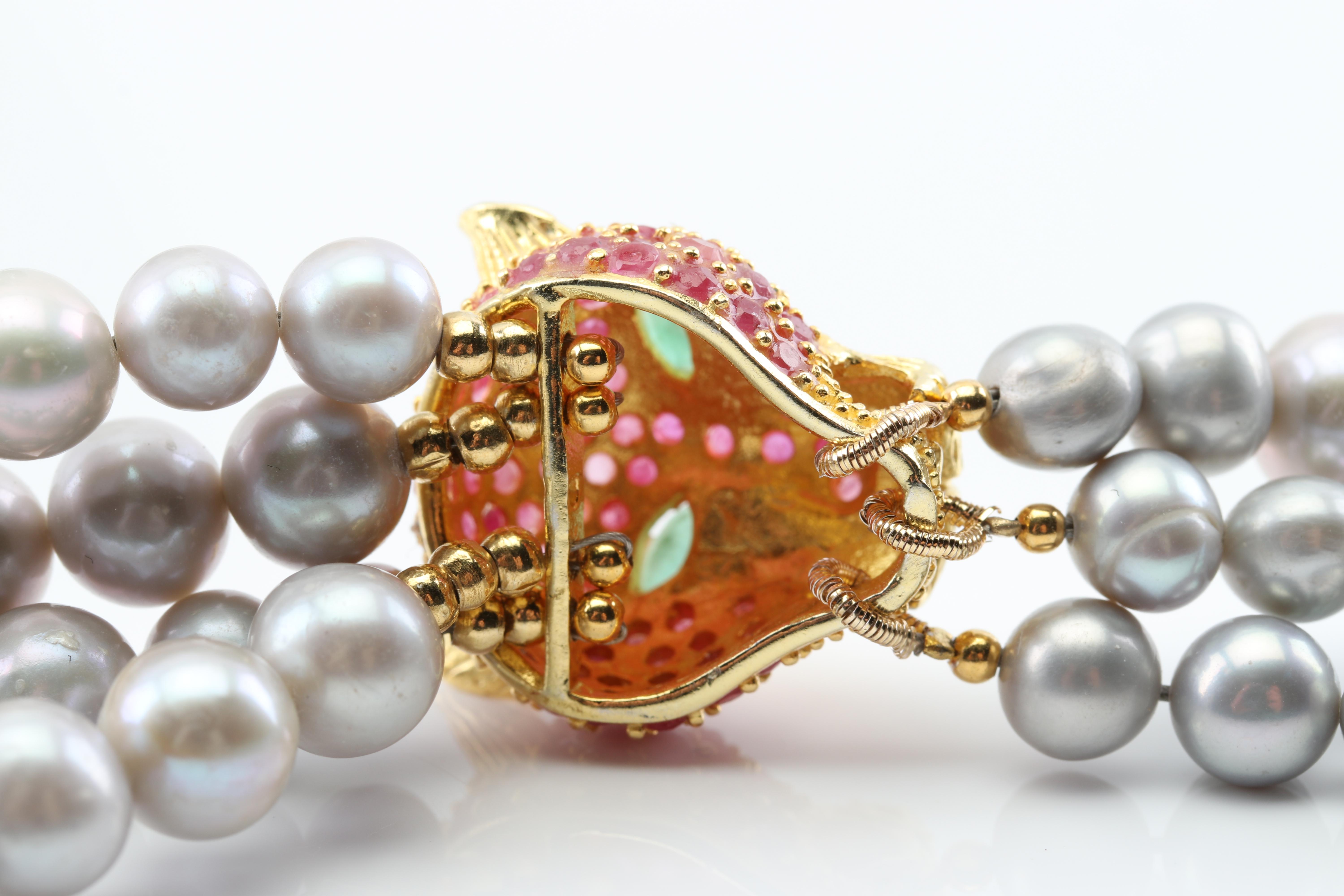 Sterling Silver Freshwater Pearl, 3.88 CTW Ruby and Emerald Necklace