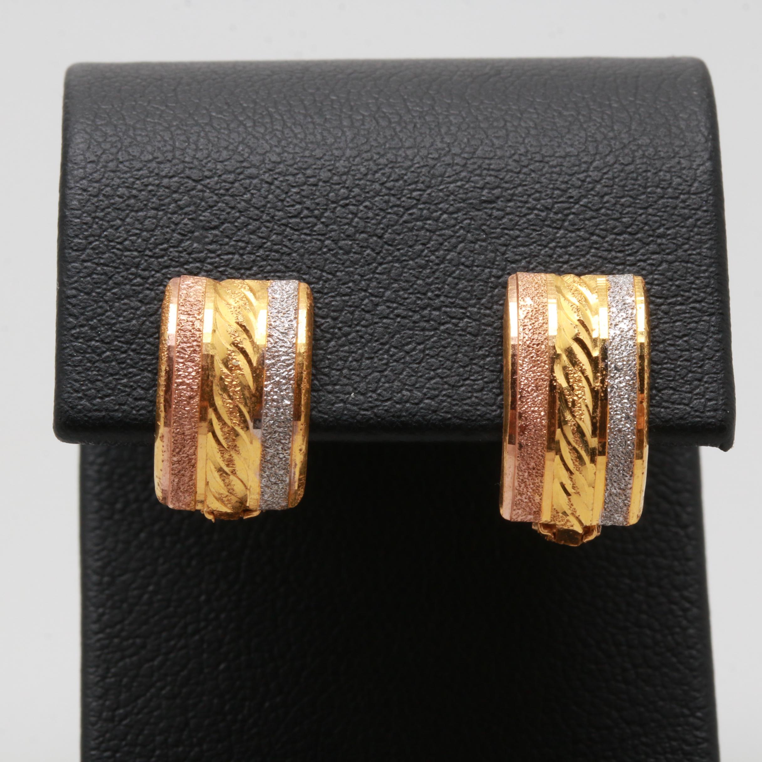14K Tri Color Gold Textured Huggie Earrings