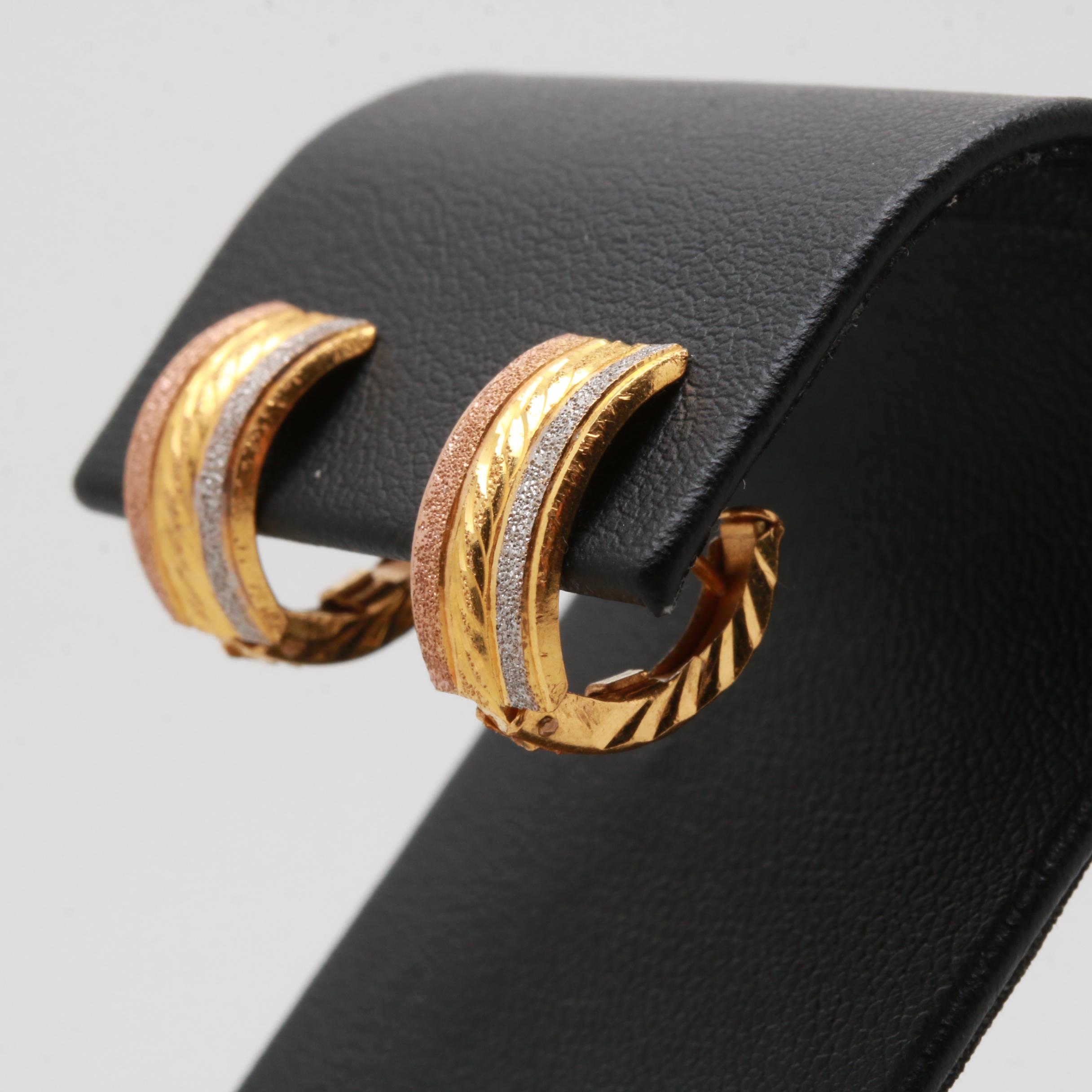 14K Tri Color Gold Textured Huggie Earrings