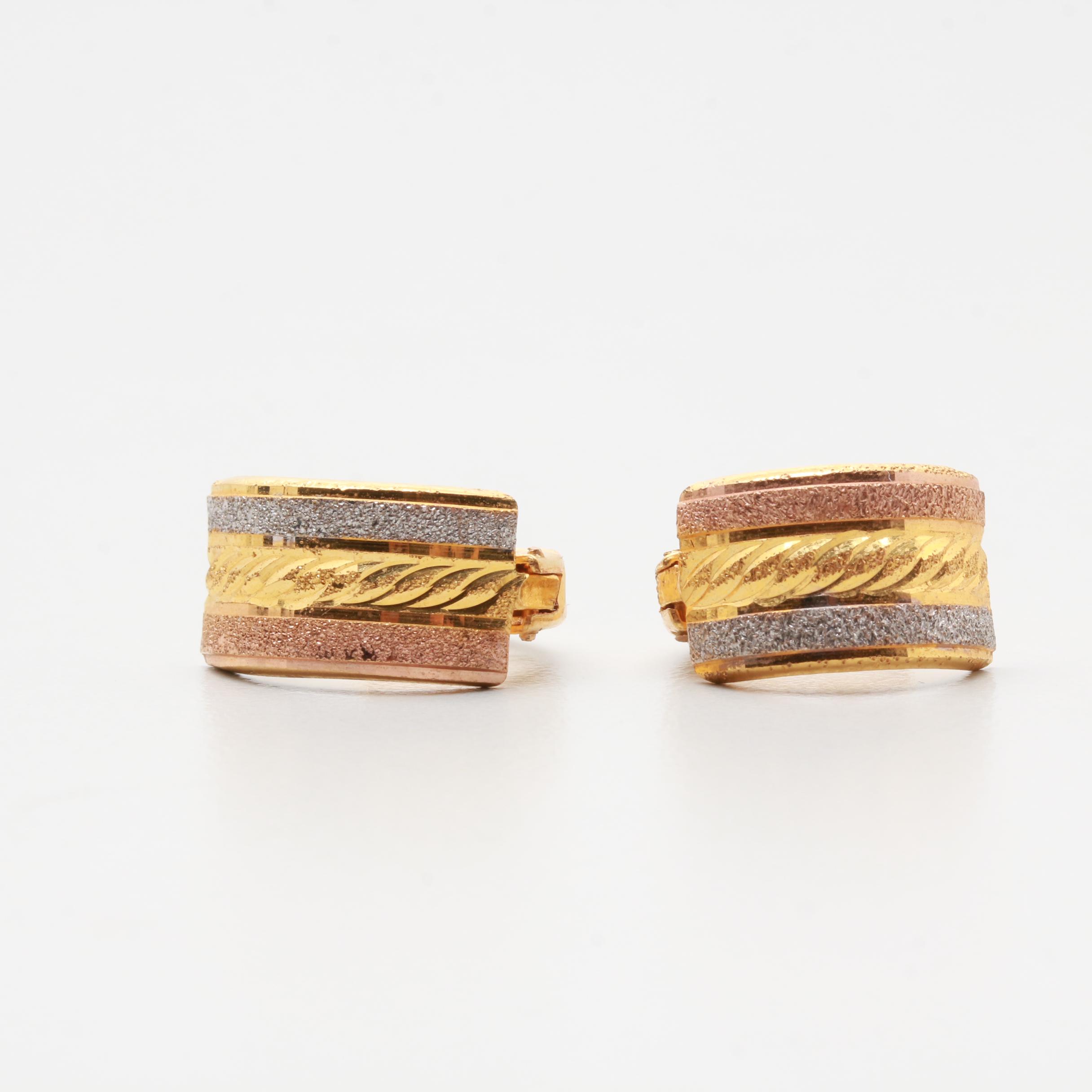 14K Tri Color Gold Textured Huggie Earrings
