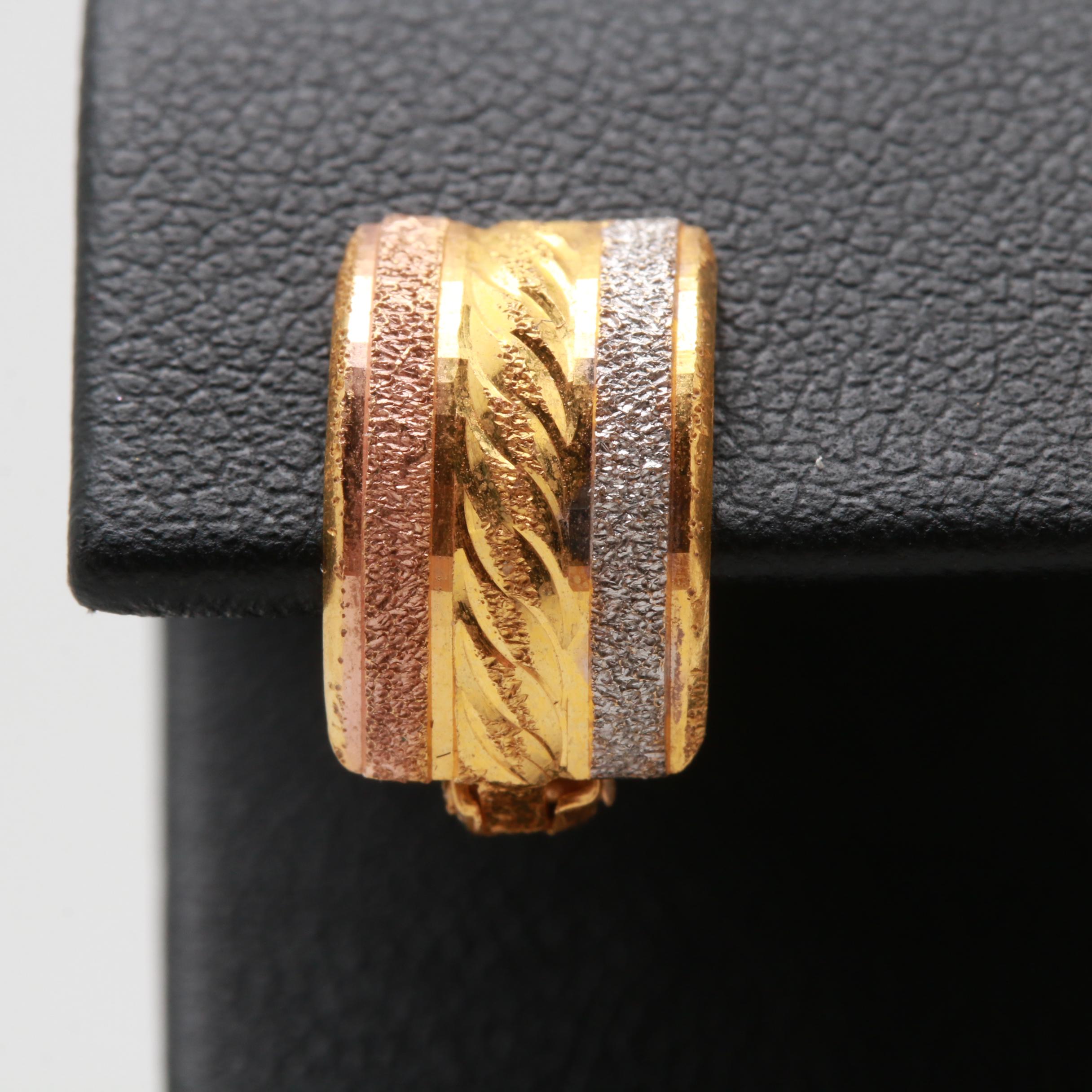 14K Tri Color Gold Textured Huggie Earrings