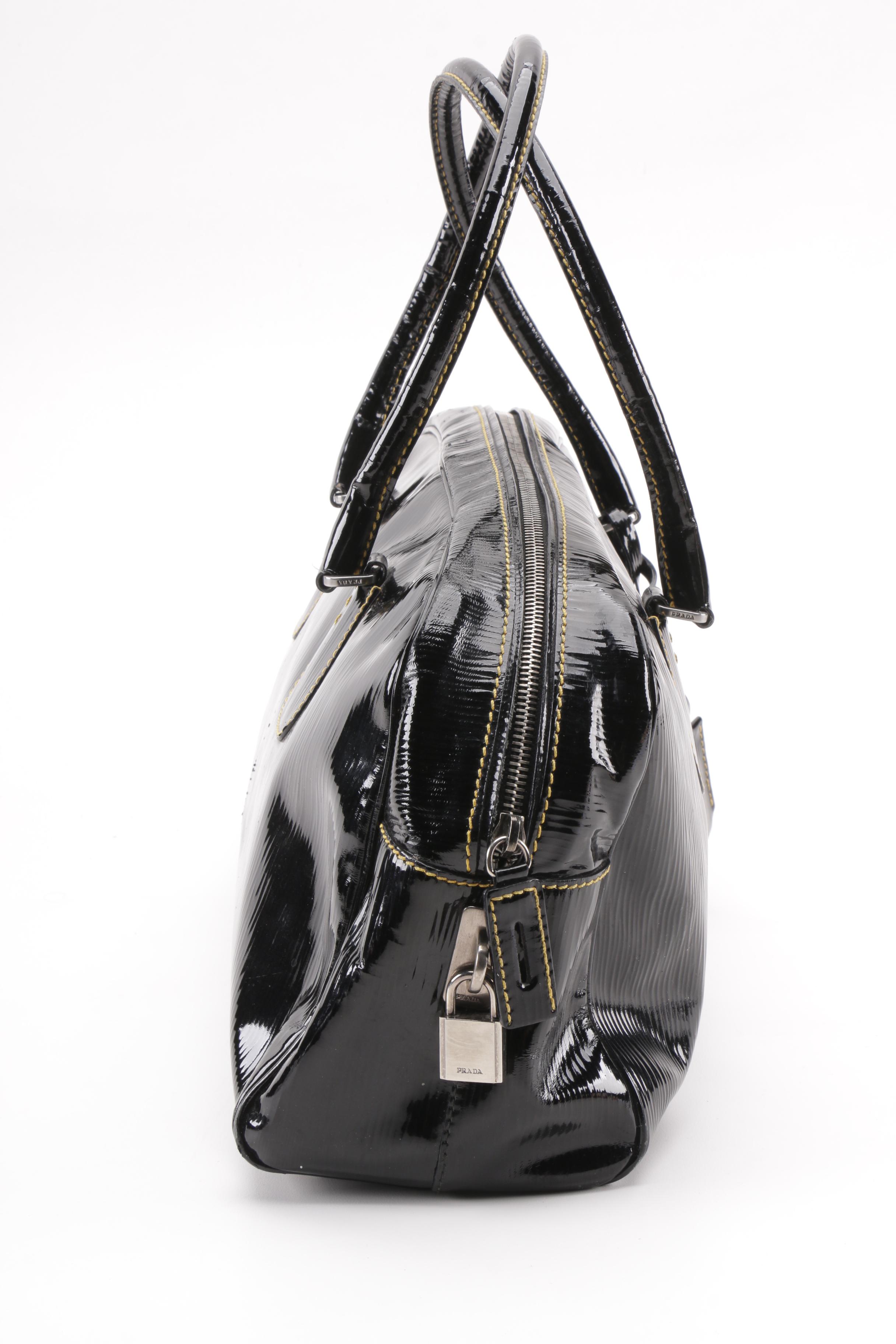 Prada Black Textured Patent Leather Satchel