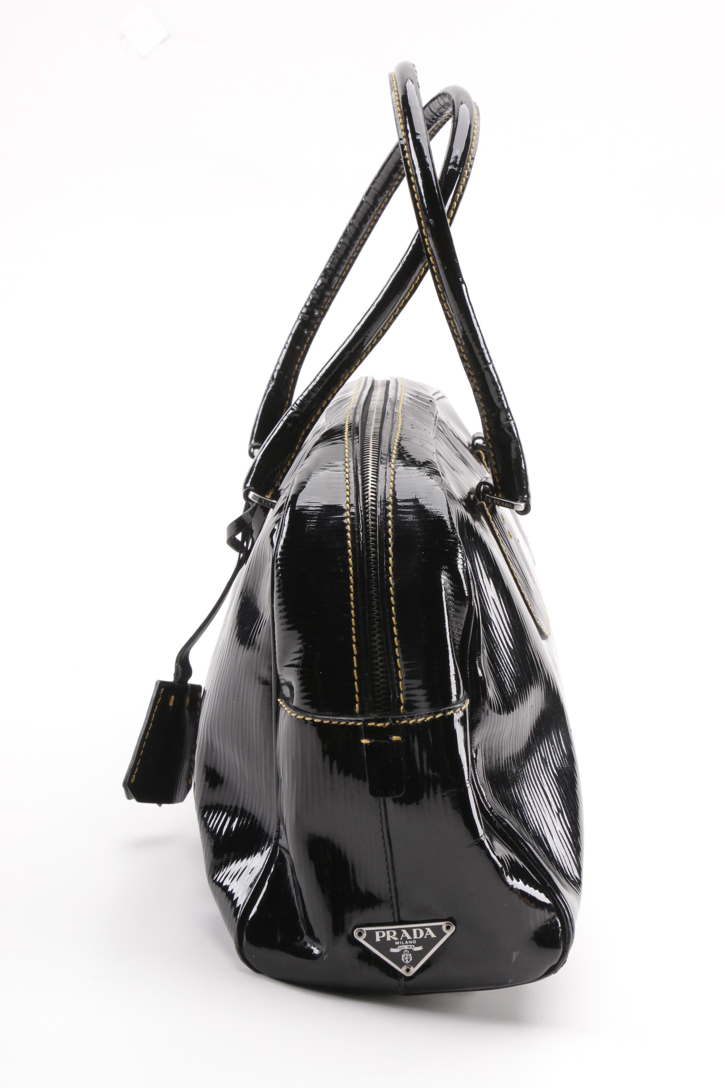 Prada Black Textured Patent Leather Satchel