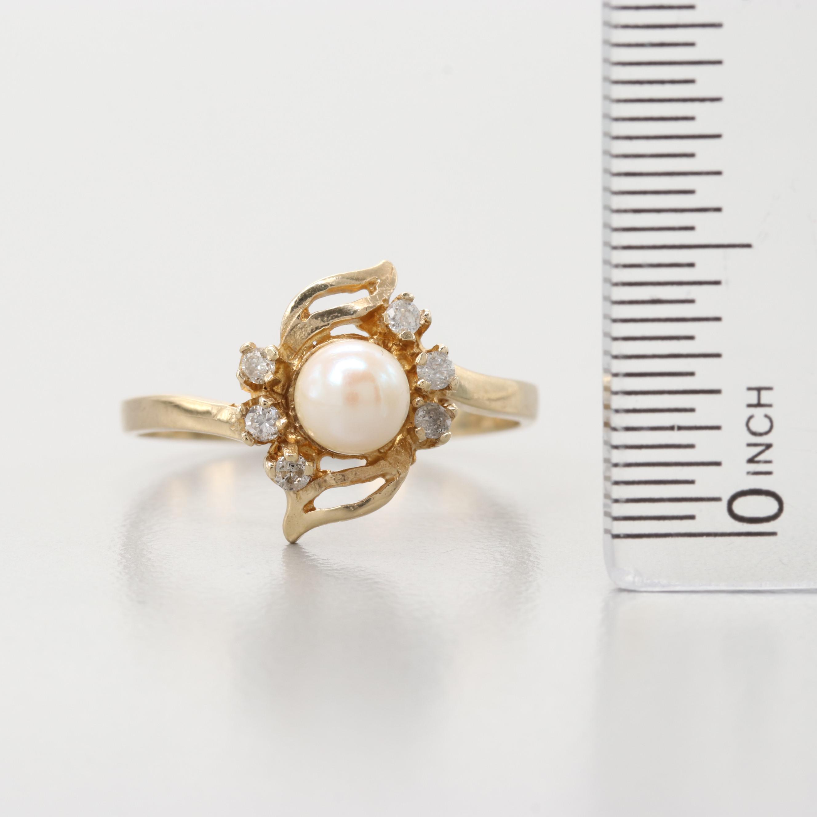 10K Yellow Gold Cultured Pearl And Diamond Ring