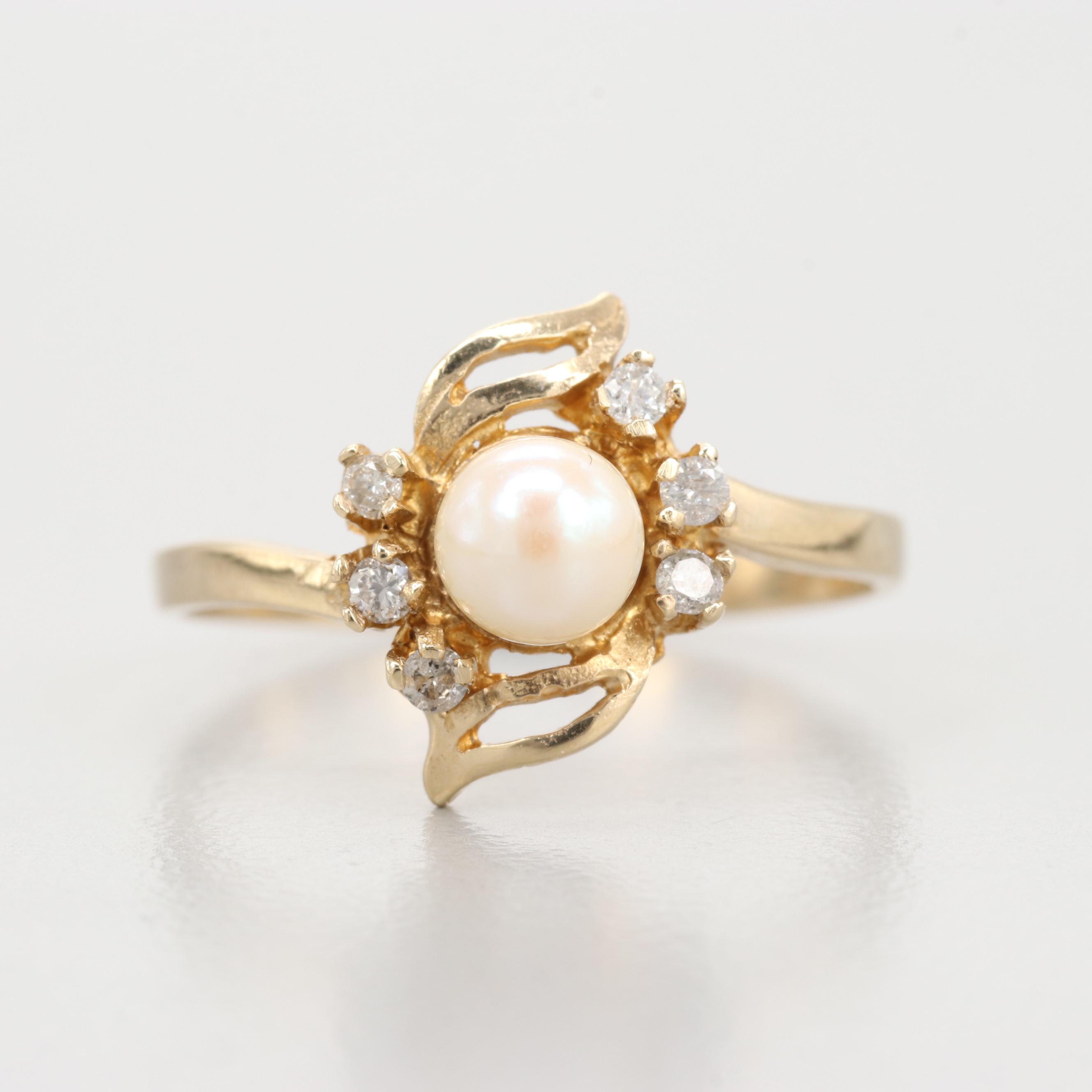 10K Yellow Gold Cultured Pearl And Diamond Ring