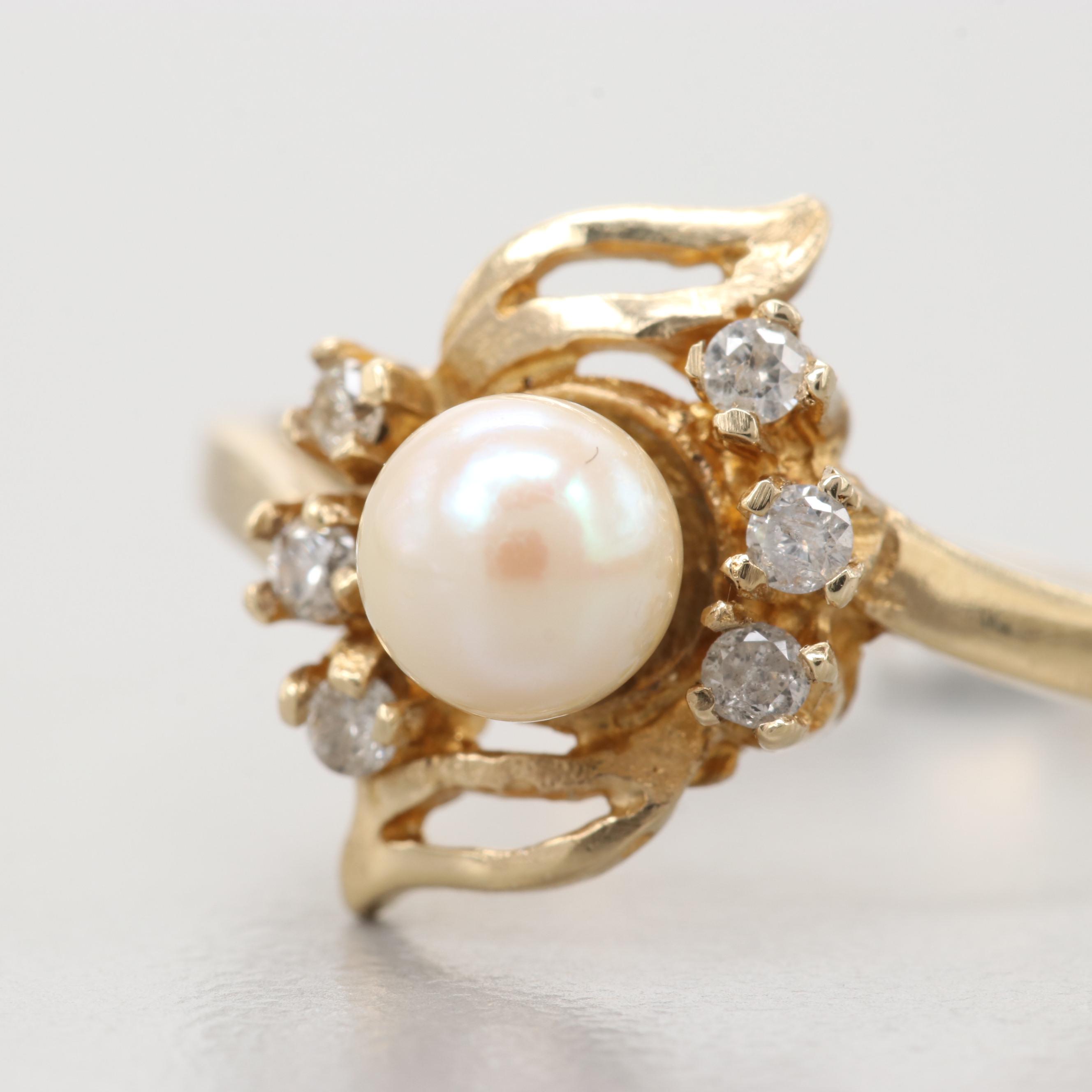 10K Yellow Gold Cultured Pearl And Diamond Ring