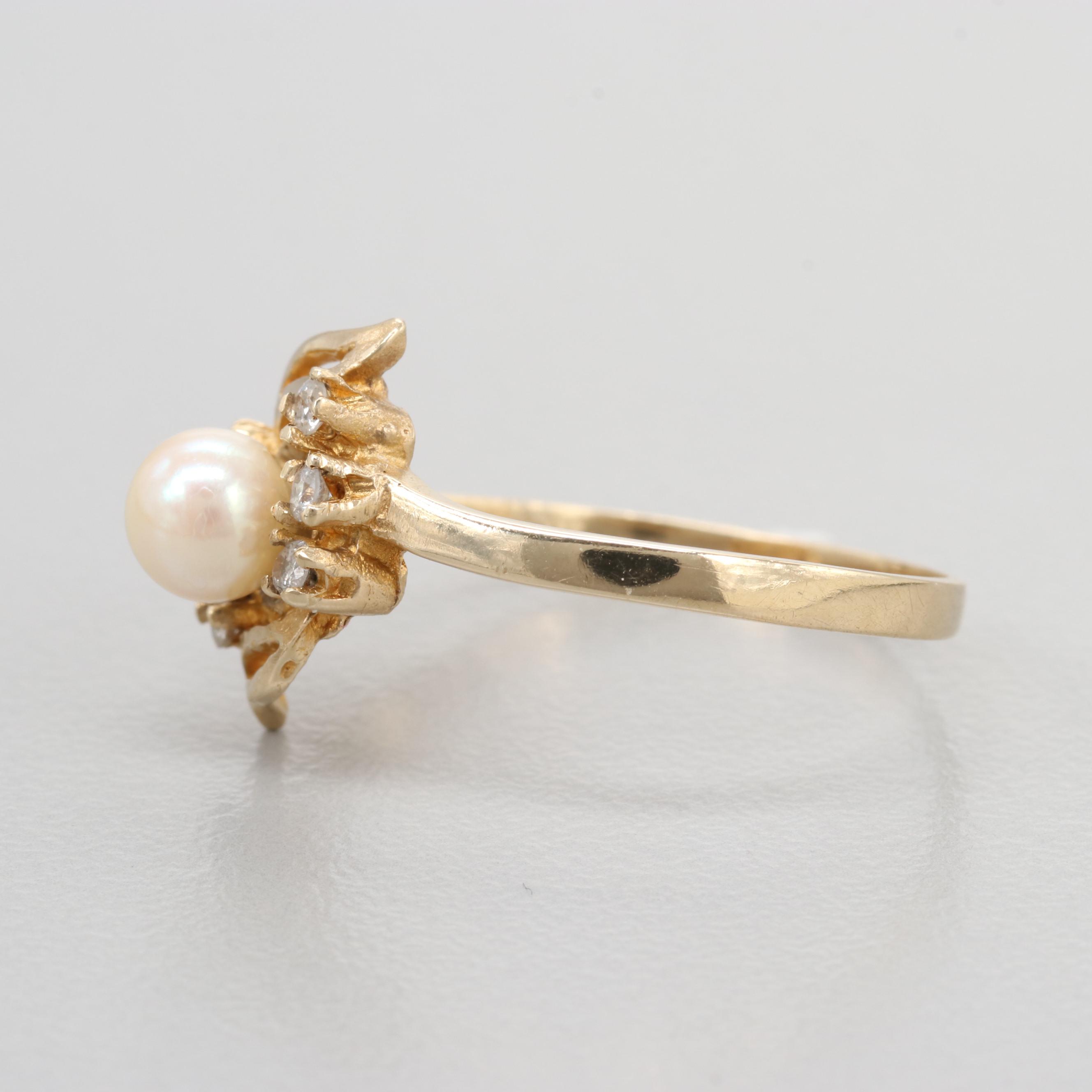 10K Yellow Gold Cultured Pearl And Diamond Ring