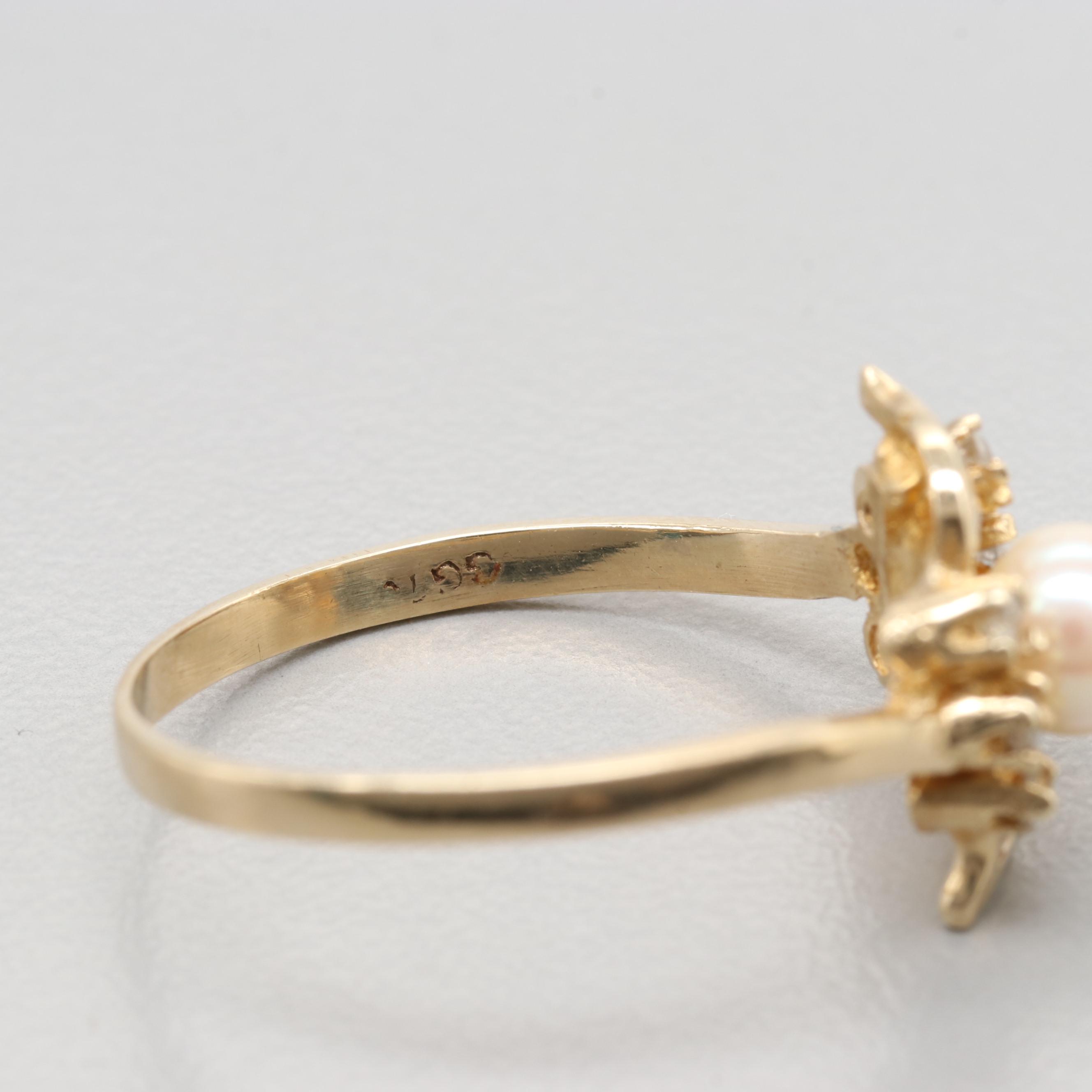 10K Yellow Gold Cultured Pearl And Diamond Ring