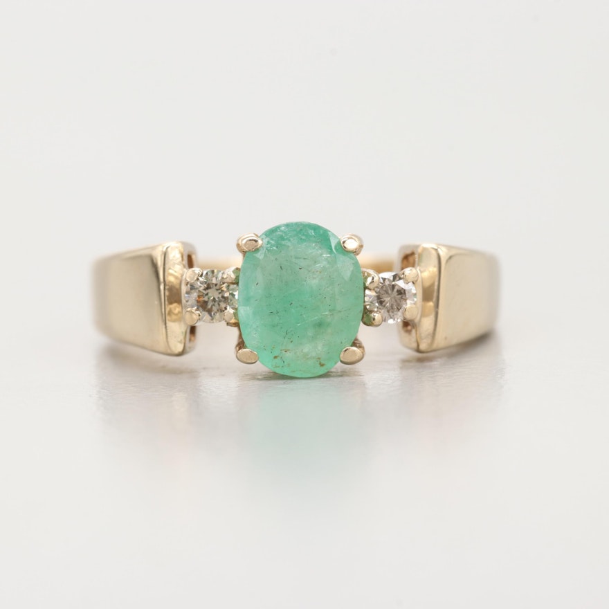 14K Yellow Gold Emerald And Diamond Ring