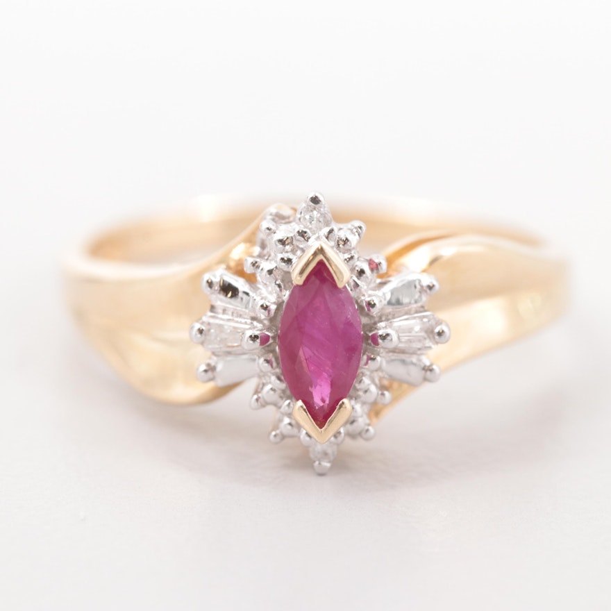 10K Yellow Gold Synthetic Ruby and Diamond Ring