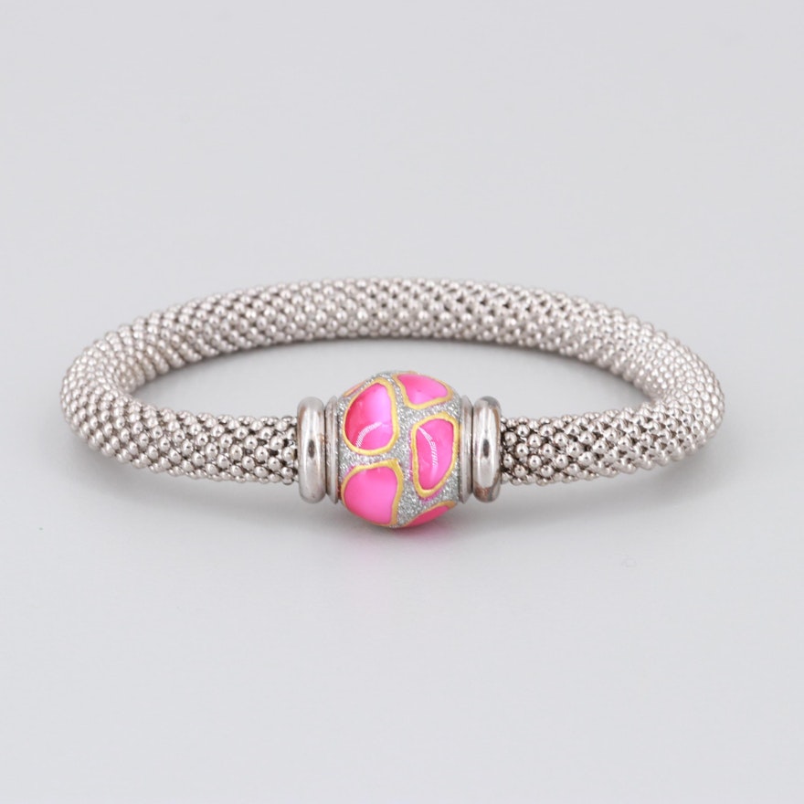 Sterling Silver Popcorn Bracelet with Hot Pink Enamel Center Bead