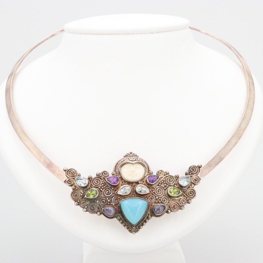 Sajen Sterling Silver Chalcedony, Bone, and Blue Topaz Collar Necklace