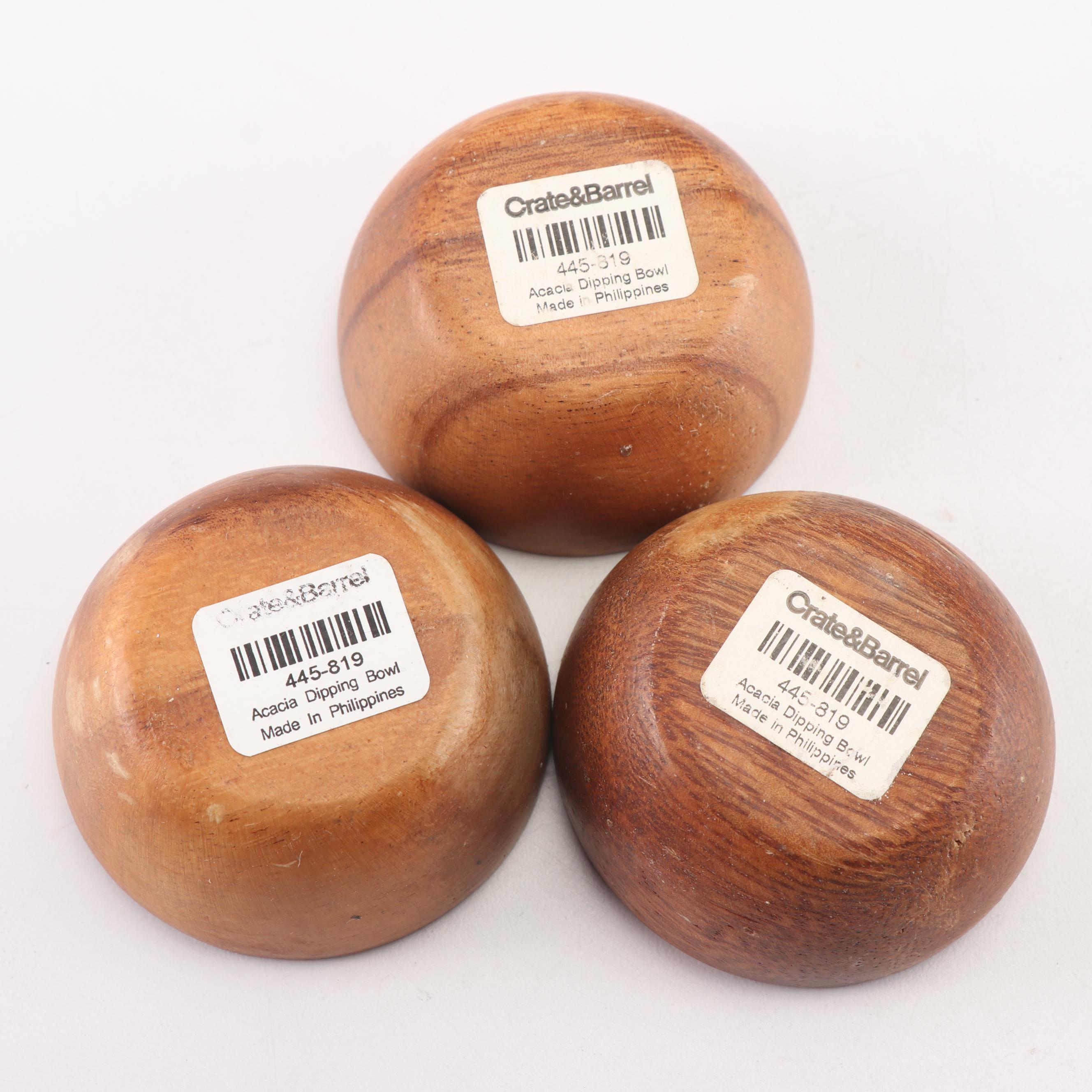 Crate & Barrel Acacia Wood Dipping Bowls with Bamboo Condiment Coasters