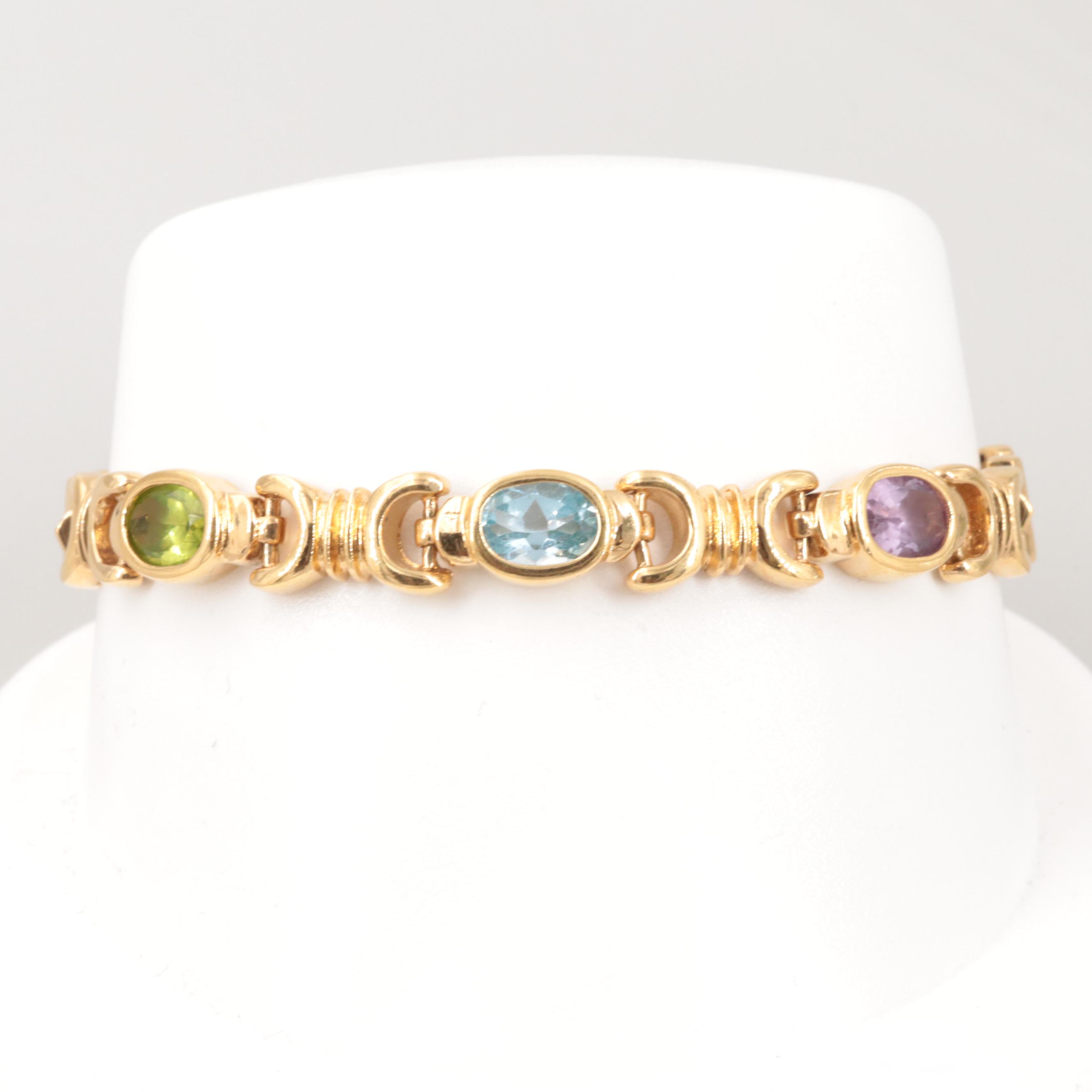 Gold Wash on Sterling Silver Peridot, Topaz and Amethyst Stampato Bracelet