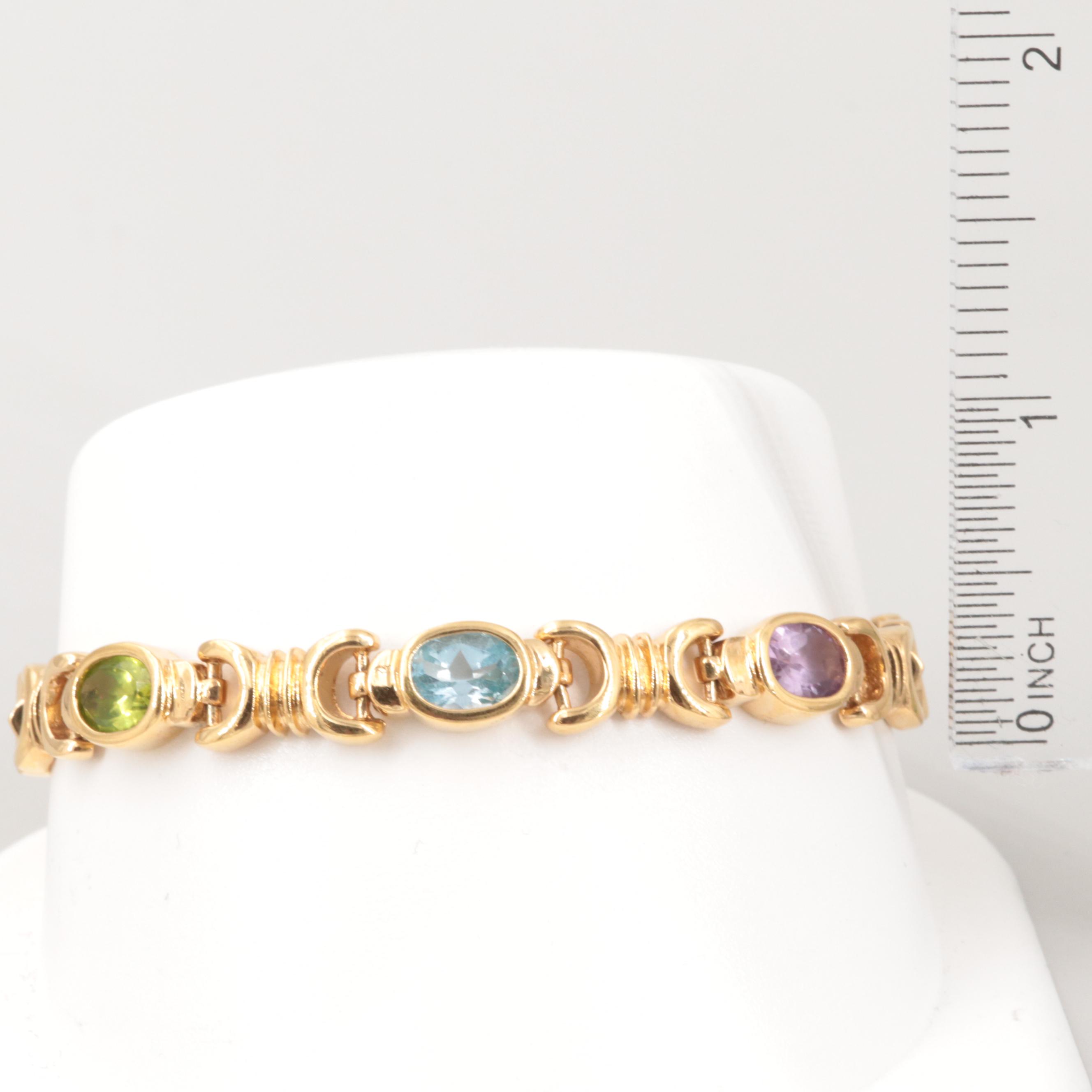 Gold Wash on Sterling Silver Peridot, Topaz and Amethyst Stampato Bracelet
