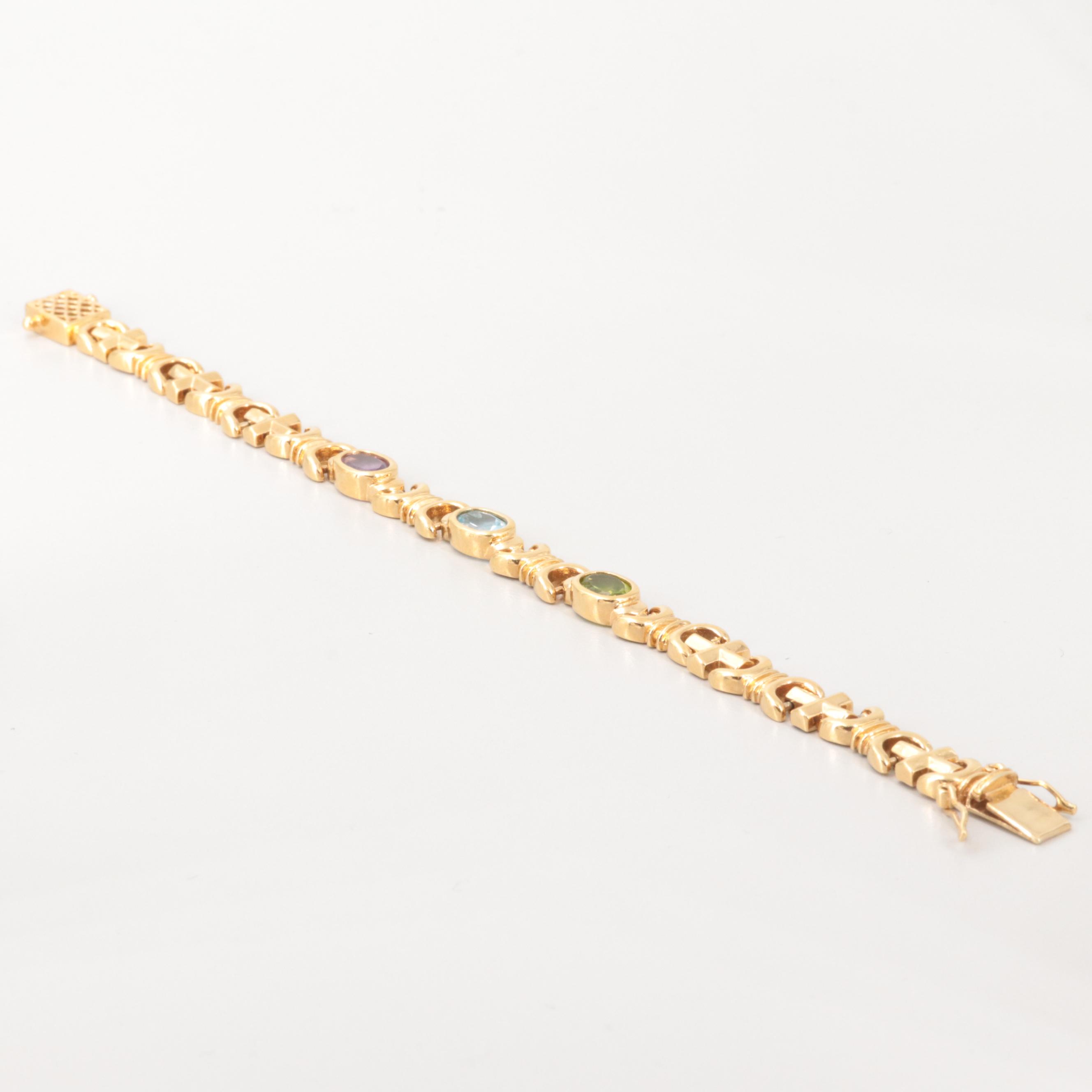 Gold Wash on Sterling Silver Peridot, Topaz and Amethyst Stampato Bracelet