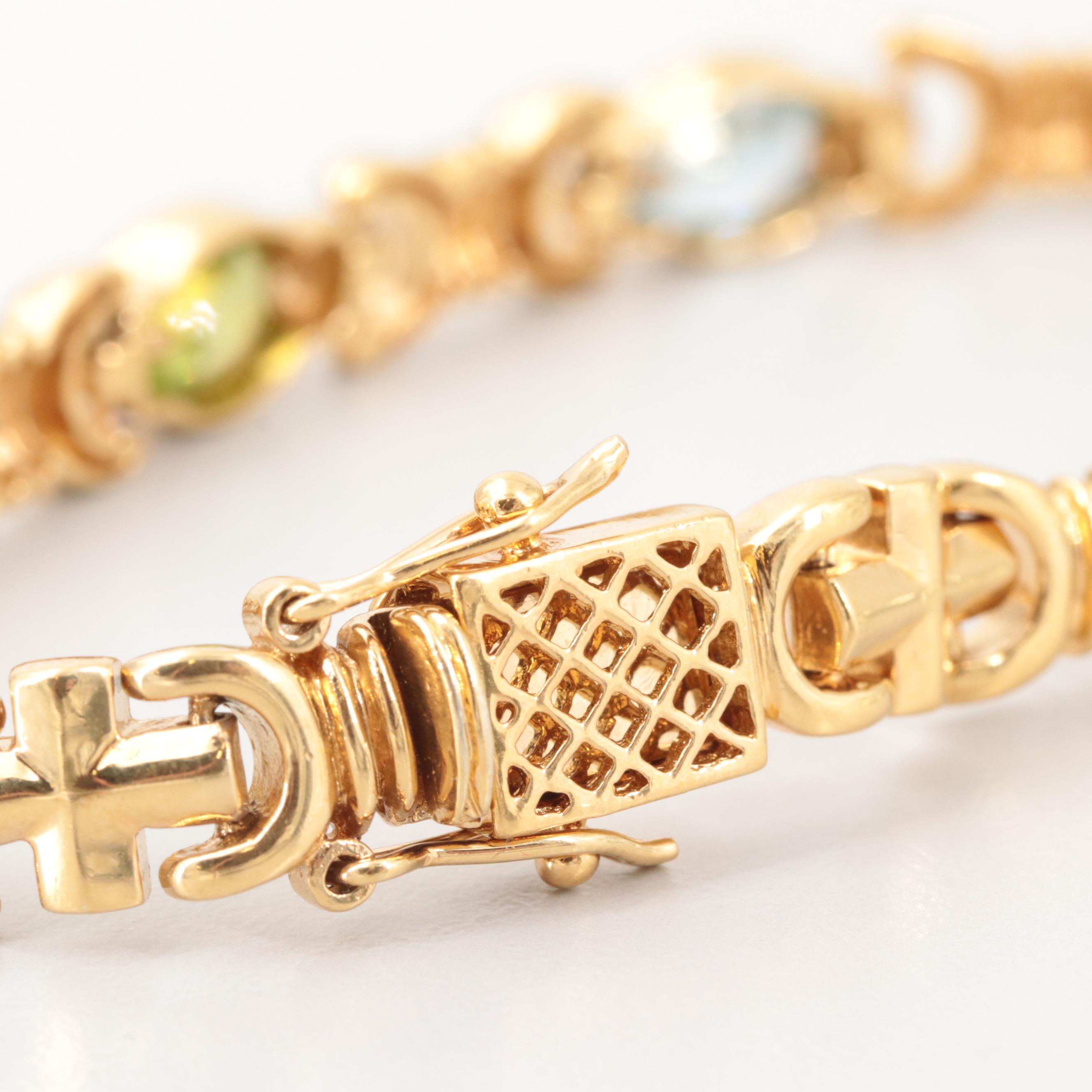 Gold Wash on Sterling Silver Peridot, Topaz and Amethyst Stampato Bracelet