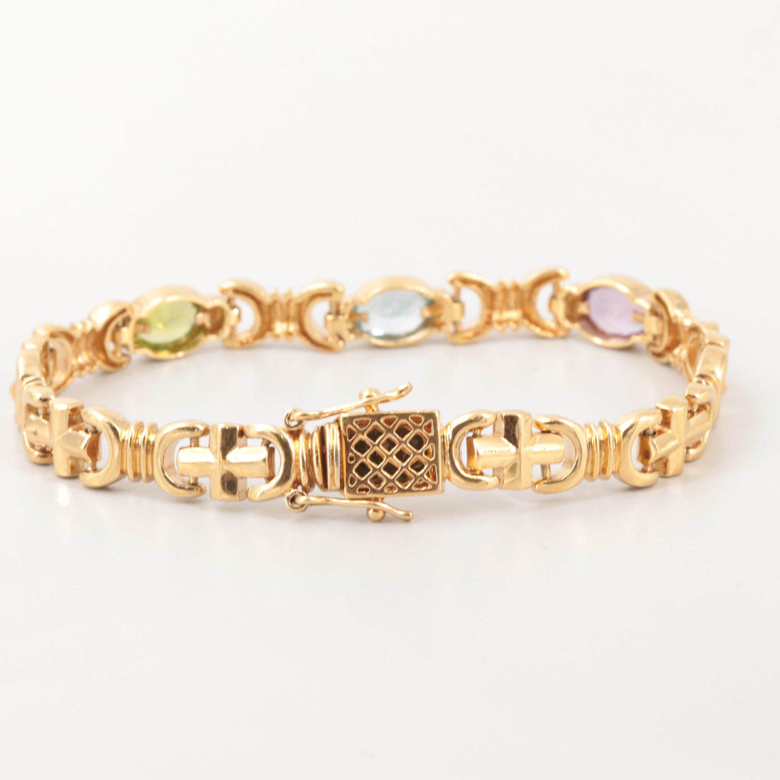 Gold Wash on Sterling Silver Peridot, Topaz and Amethyst Stampato Bracelet