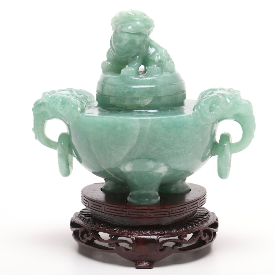 Chinese Carved Aventurine Quartz Censer and Cover