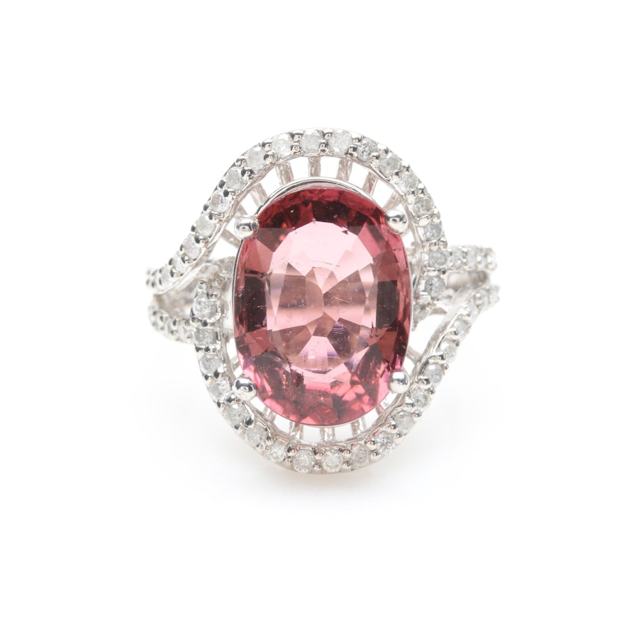 14K White Gold 4.05 CT Pink Tourmaline and Diamond Ring