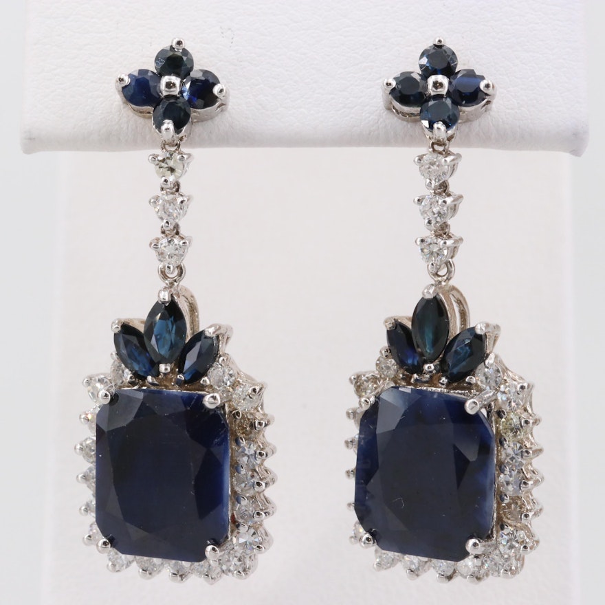 14K White Gold Corundum, Blue Sapphire and 1.32 CTW Diamond Dangle Earrings