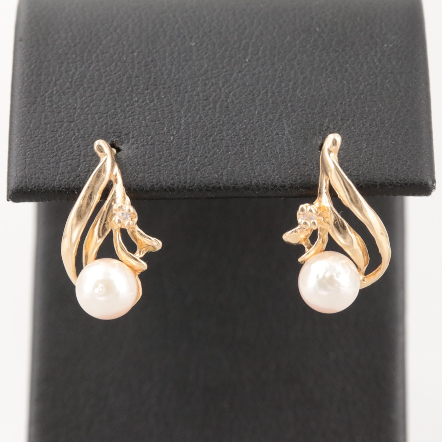 14K Yellow Gold Cultured Pearl and Diamond Earrings