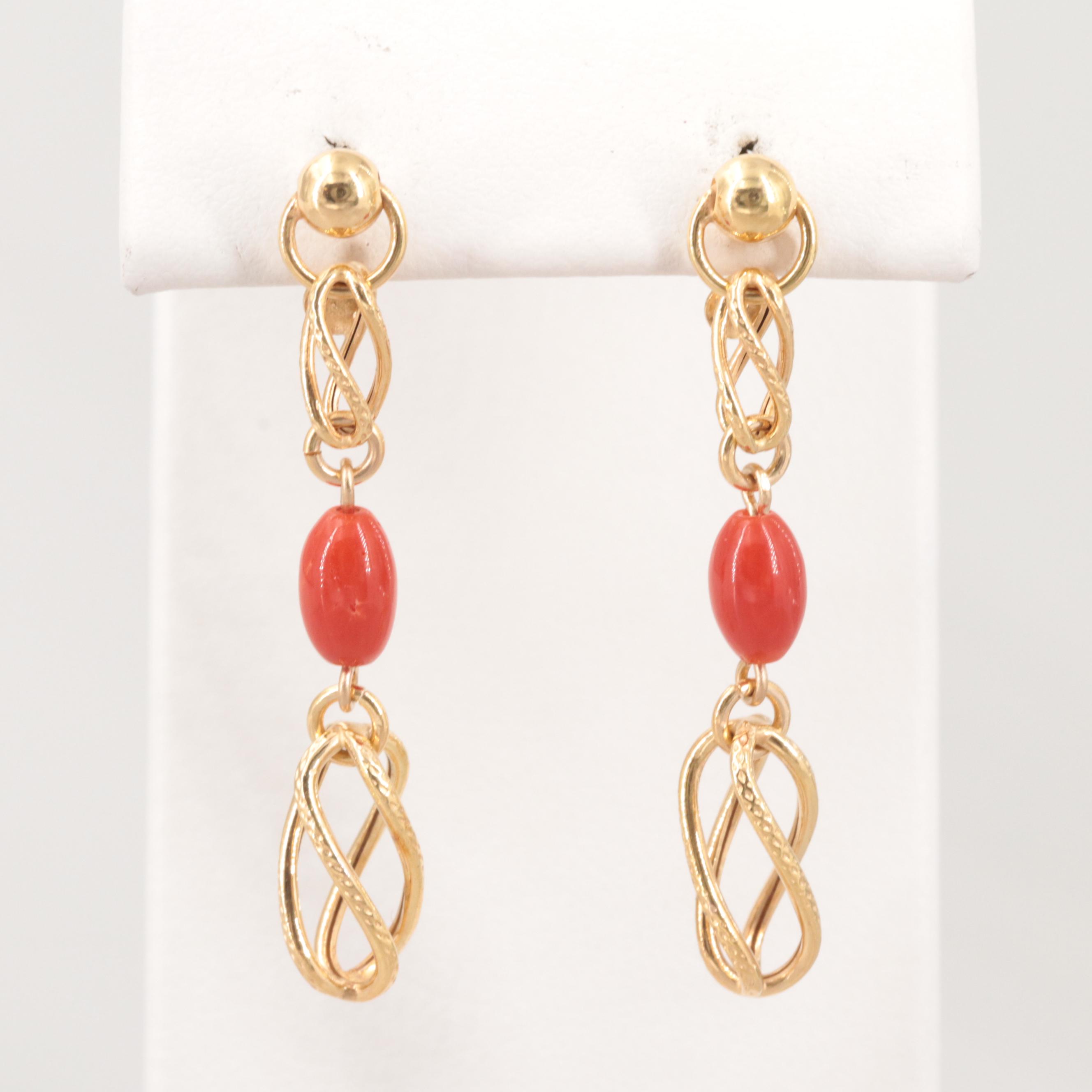 14K Yellow Gold Coral Dangle Earrings