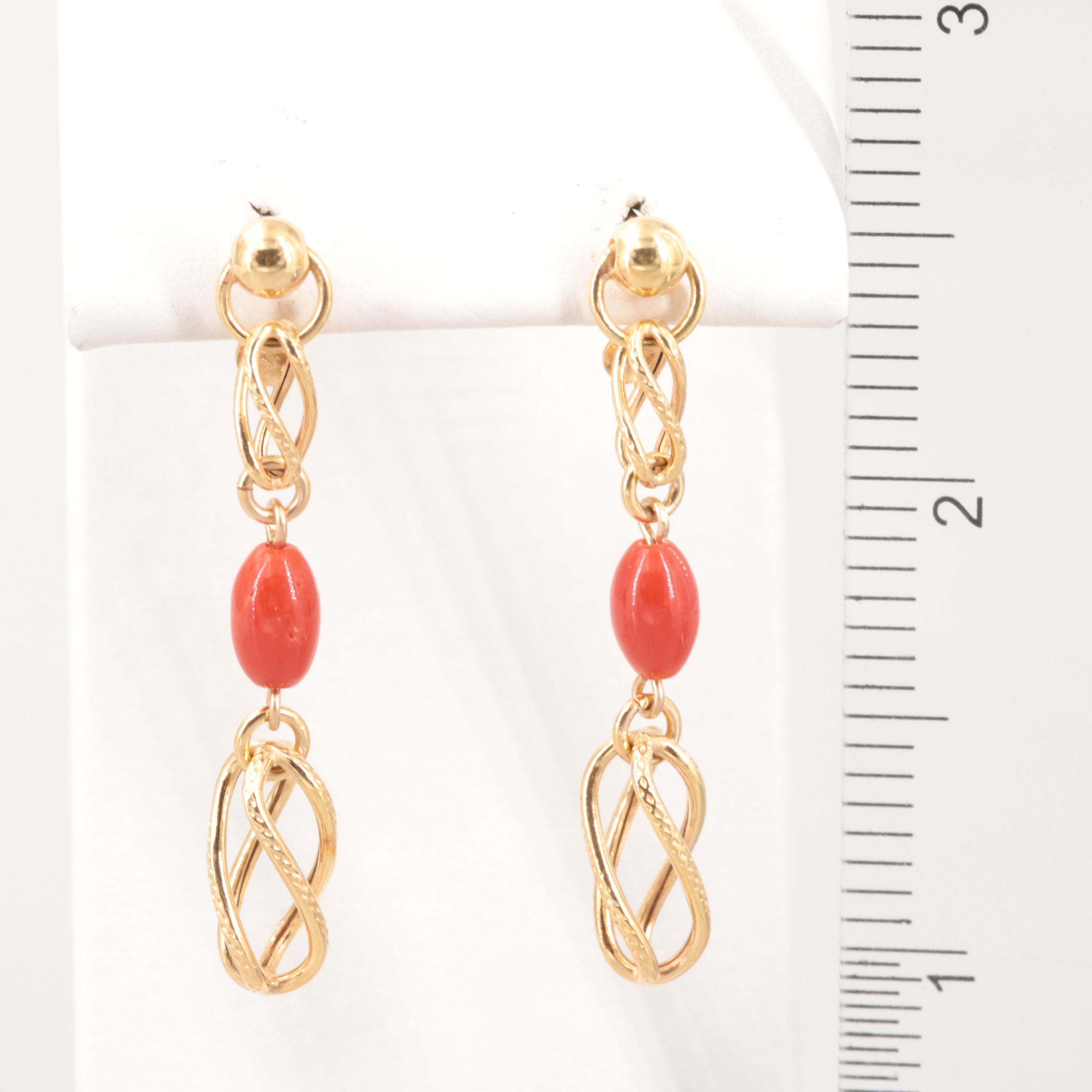 14K Yellow Gold Coral Dangle Earrings