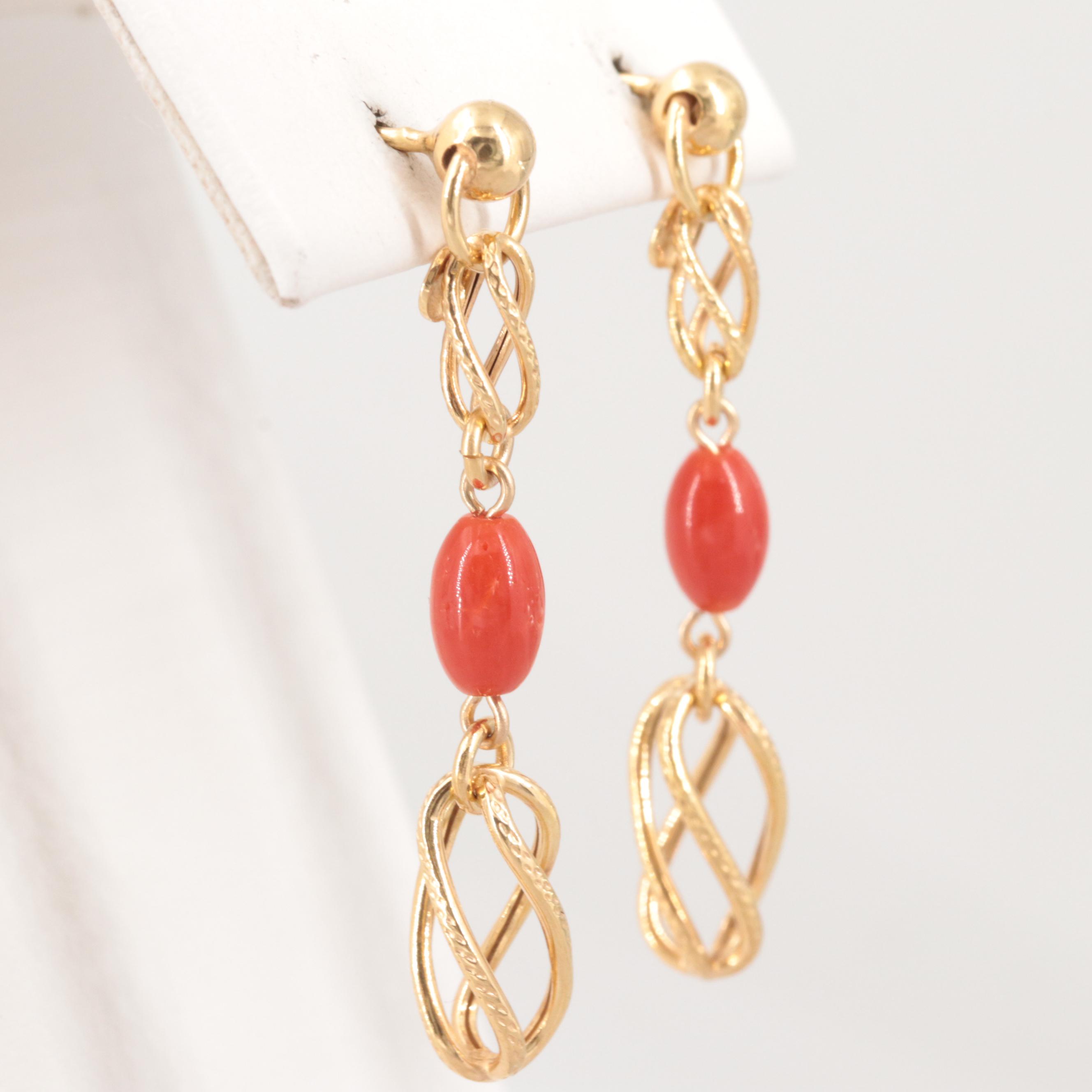 14K Yellow Gold Coral Dangle Earrings