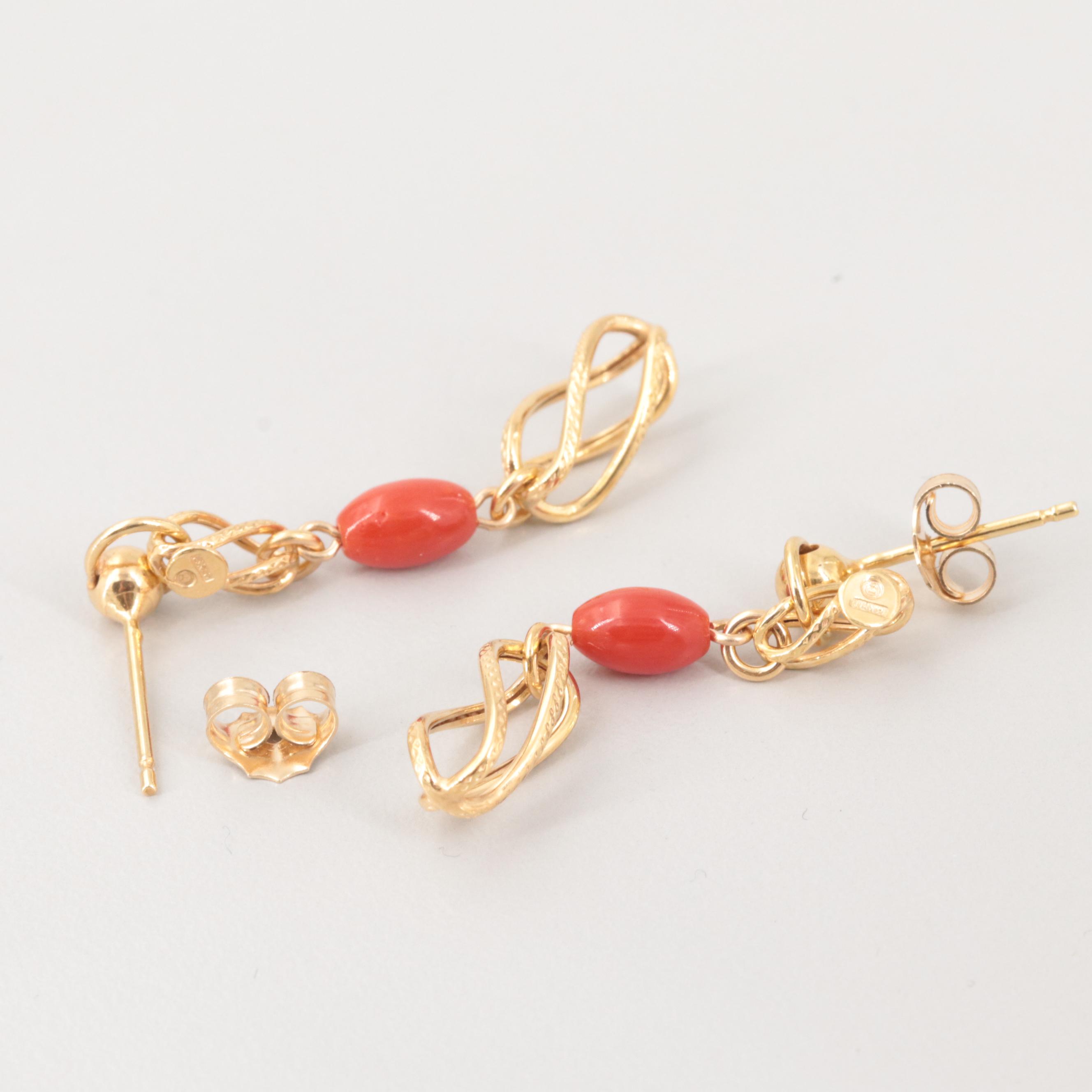 14K Yellow Gold Coral Dangle Earrings