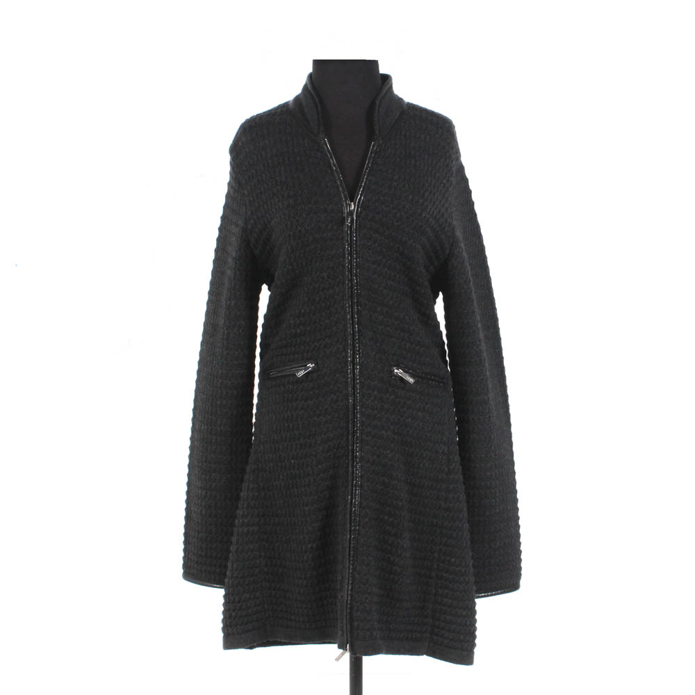 Tory Burch Charcoal Grey Heavy Knit Coat with Distressed Leather Trim