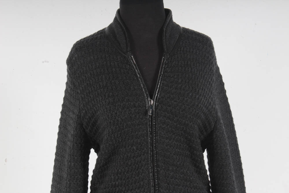 Tory Burch Charcoal Grey Heavy Knit Coat with Distressed Leather Trim