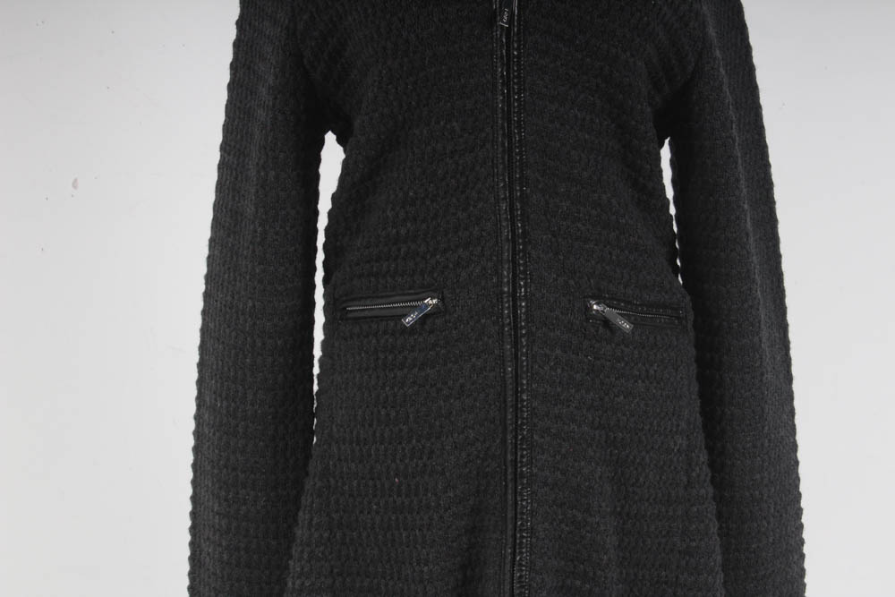 Tory Burch Charcoal Grey Heavy Knit Coat with Distressed Leather Trim