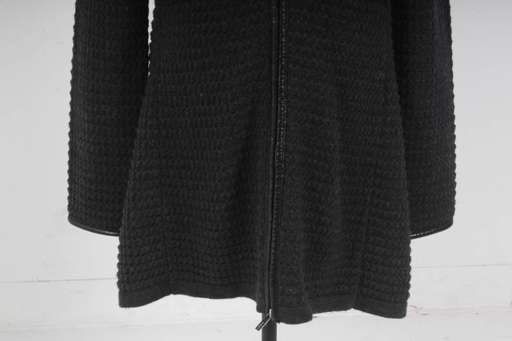 Tory Burch Charcoal Grey Heavy Knit Coat with Distressed Leather Trim