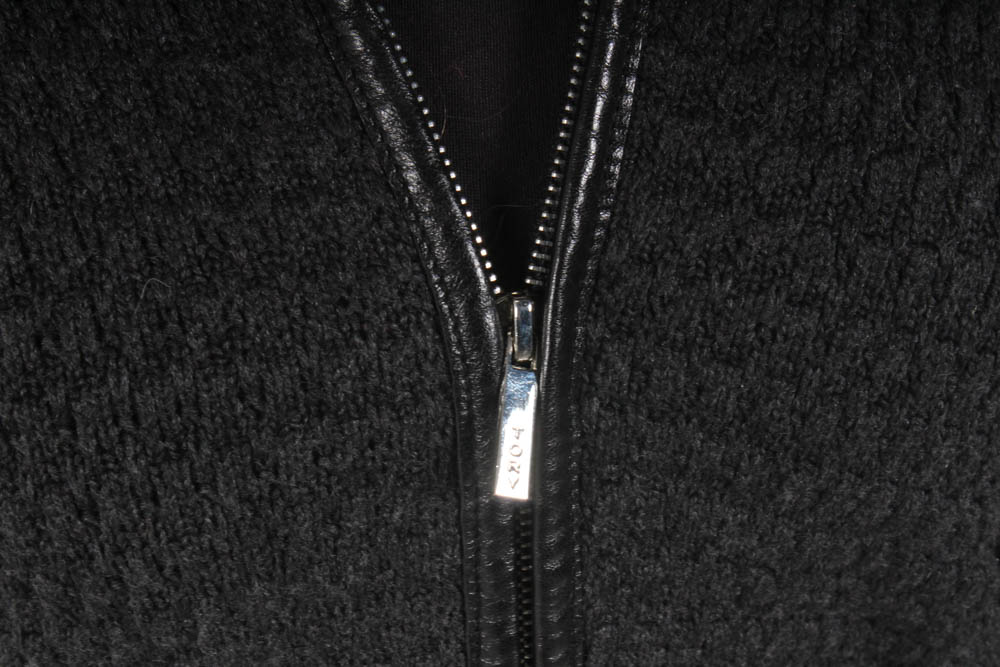 Tory Burch Charcoal Grey Heavy Knit Coat with Distressed Leather Trim