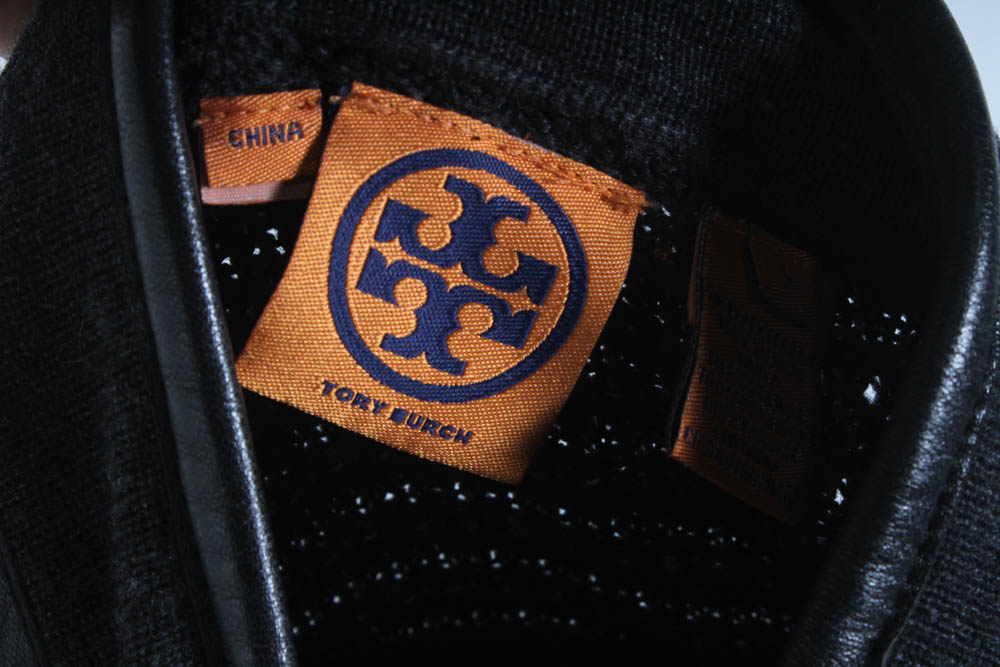 Tory Burch Charcoal Grey Heavy Knit Coat with Distressed Leather Trim