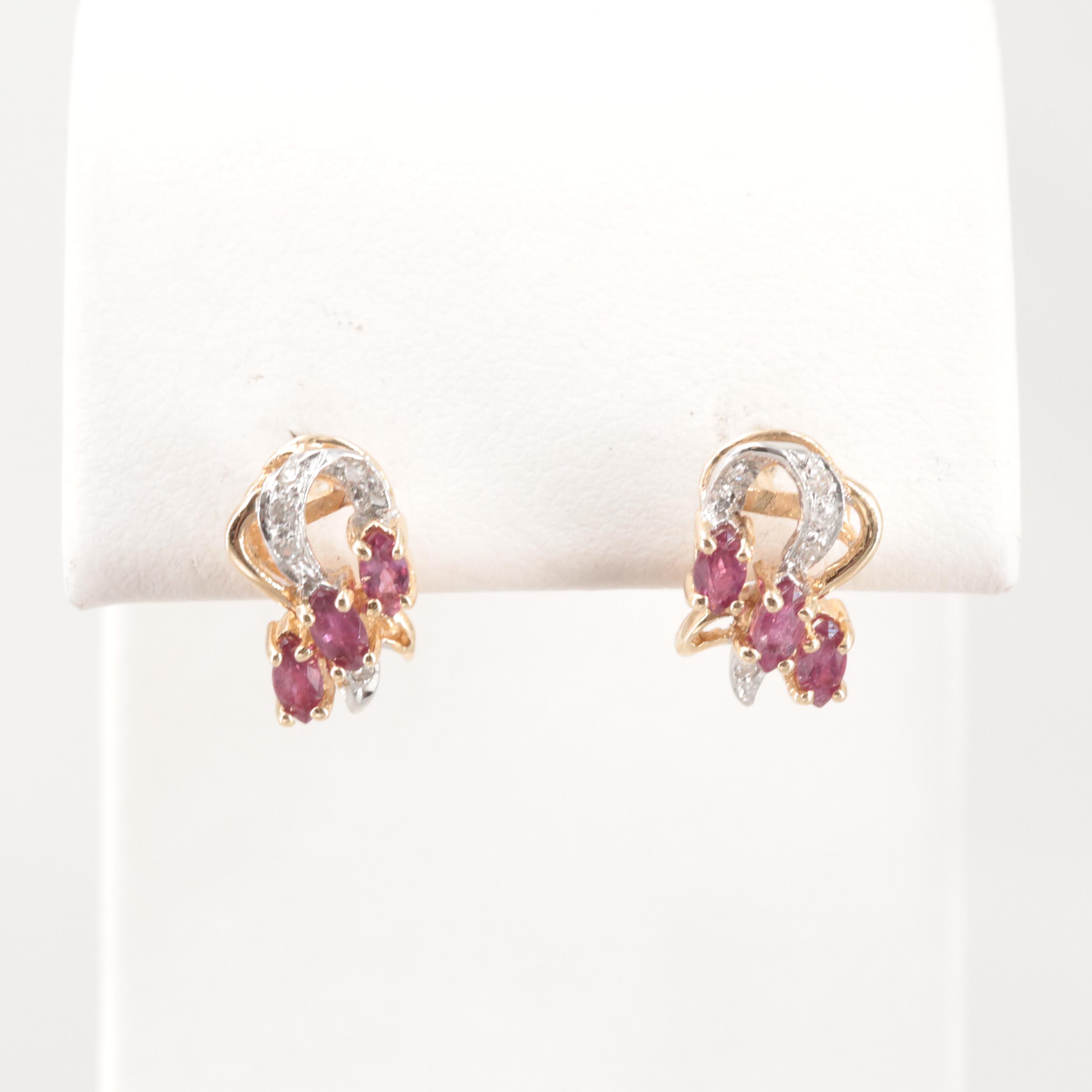 14K Yellow Gold Ruby and Diamond Earrings