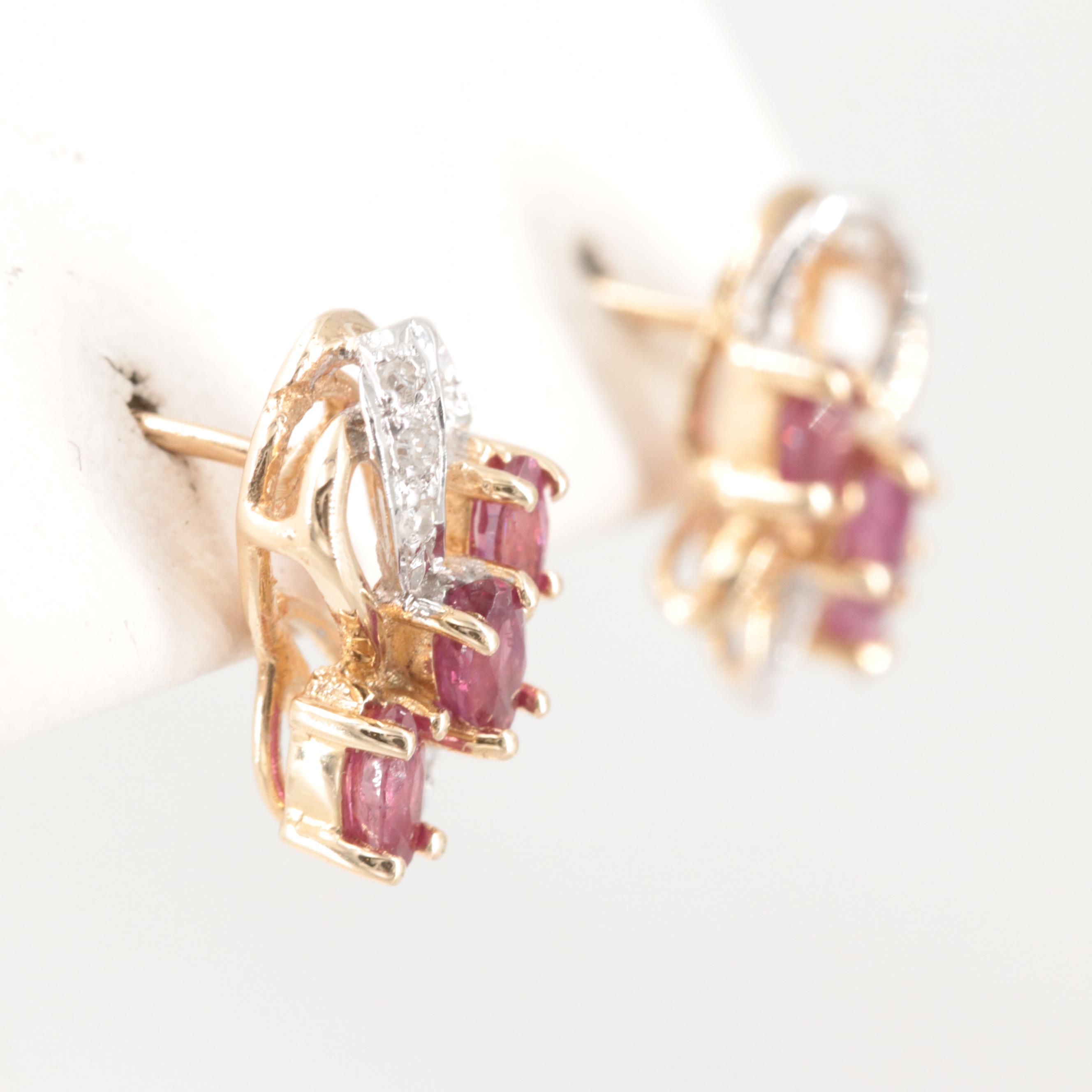 14K Yellow Gold Ruby and Diamond Earrings