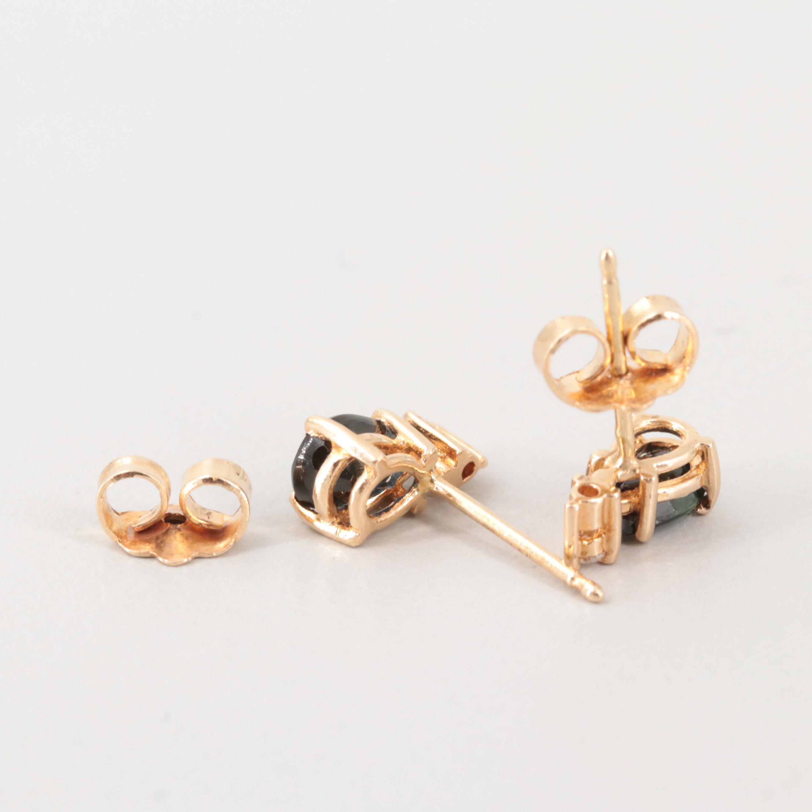 14K Yellow Gold Sapphire and Diamond Stud Earrings