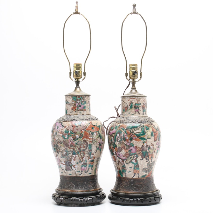 Chinese Hand-Painted Stoneware Vase Table Lamps with Wooden Bases