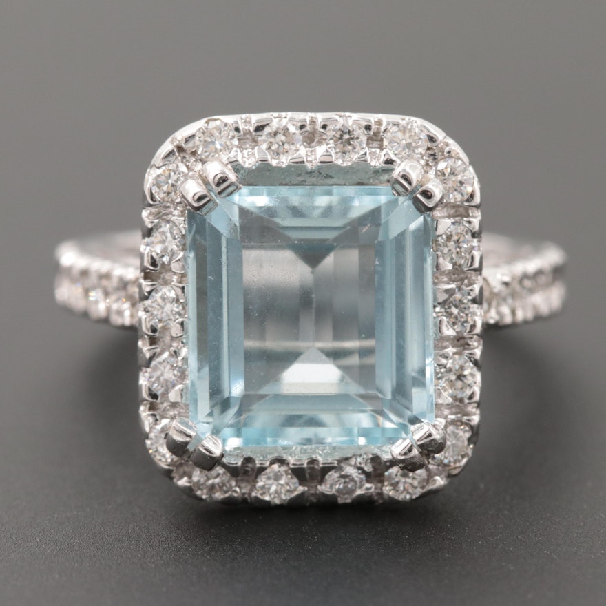 14K White Gold 3.78 CT Aquamarine and Diamond Ring