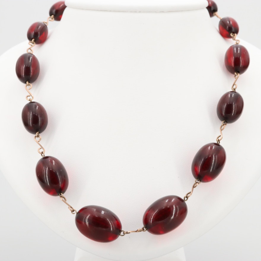 Vintage Gold Tone Cherry Bakelite Graduated Station Necklaces