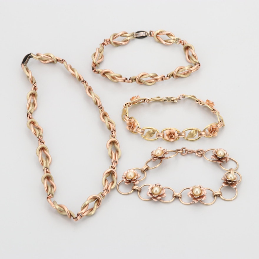 Gold Filled Two Tone Necklace and Imitation Pearl Bracelets Featuring Krementz