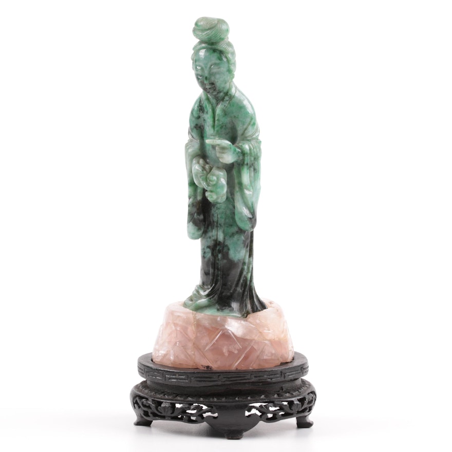 Chinese Variegated Green Jadeite and Rose Quartz Guanyin, 19th Century