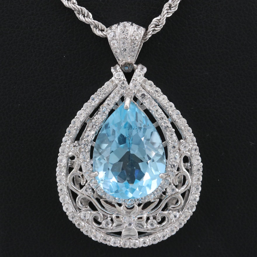 Sterling Silver Blue Topaz Pendant Necklace with White Topaz Accents