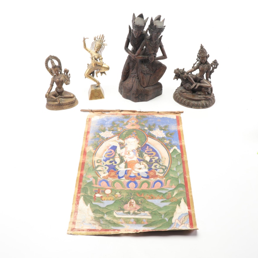 Tibetan Vajrasattva Yab-Yum Thangka with Tibetan and Southeast Asian Figurines