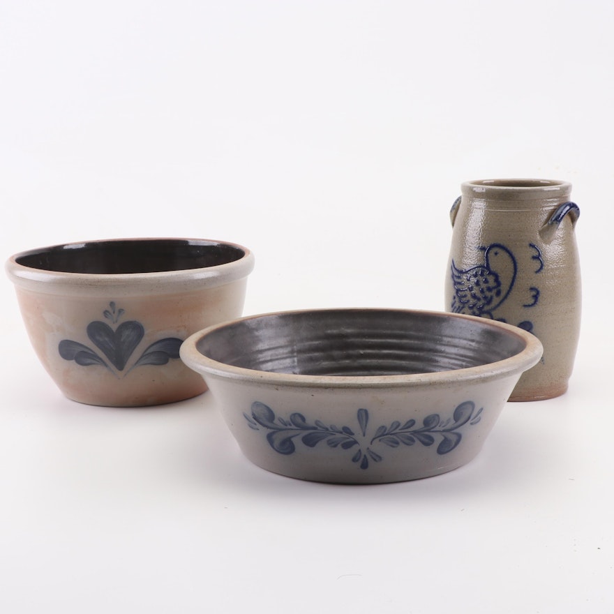Salt Glazed Stoneware Bowls and Crock Including Rowe Pottery