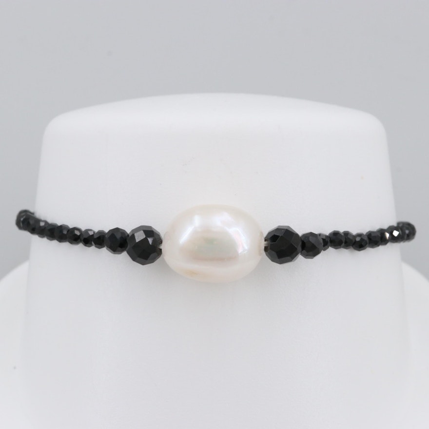 Cultured Pearl and Black Onyx Beaded Expandable Bracelet